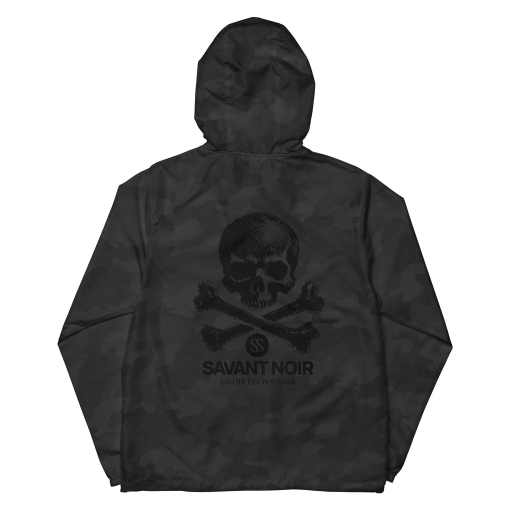 SAVANT NOIR lightweight zip up windbreaker in black camo with skull and crossbones design on back