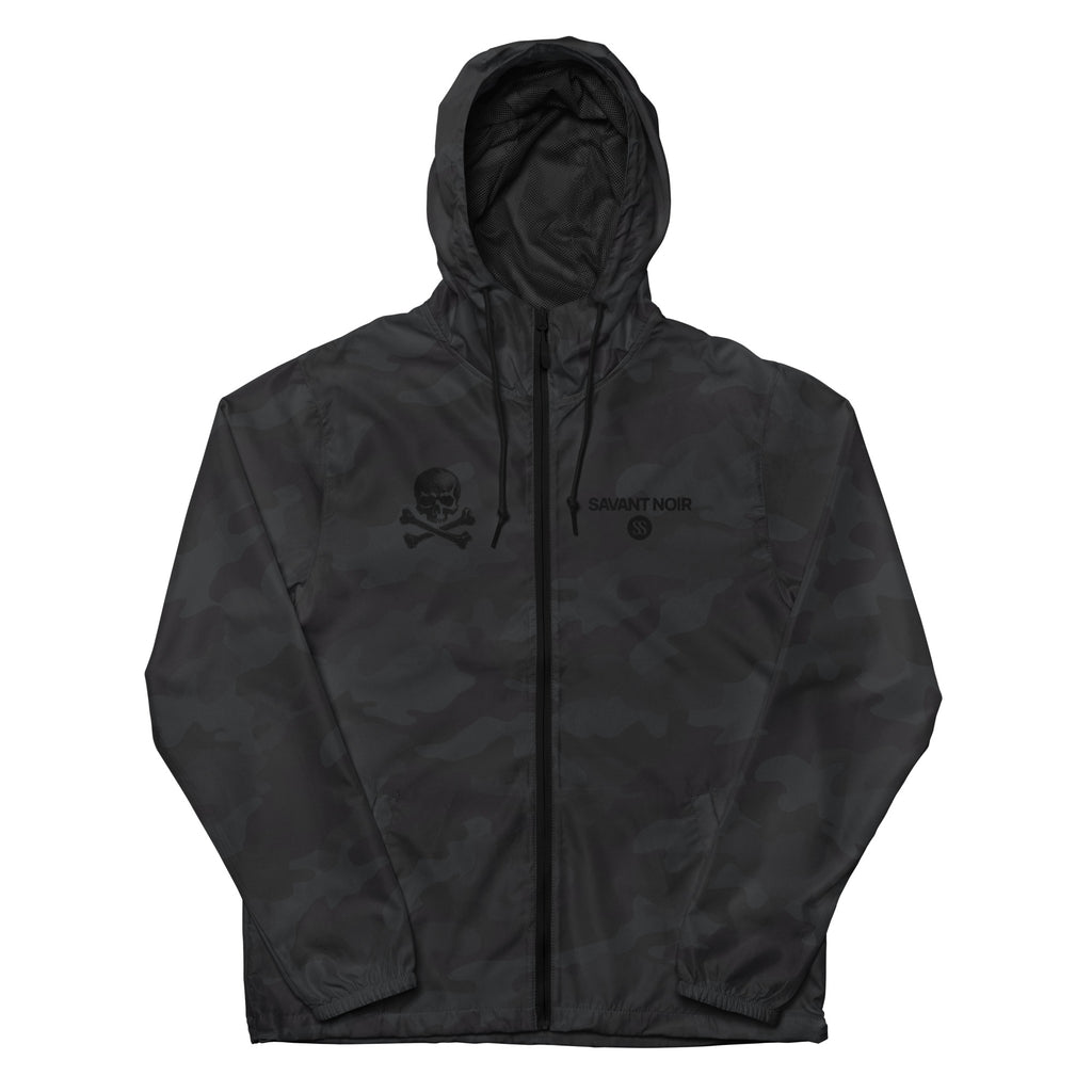 SAVANT NOIR lightweight zip up windbreaker in black camo with hood and front zipper