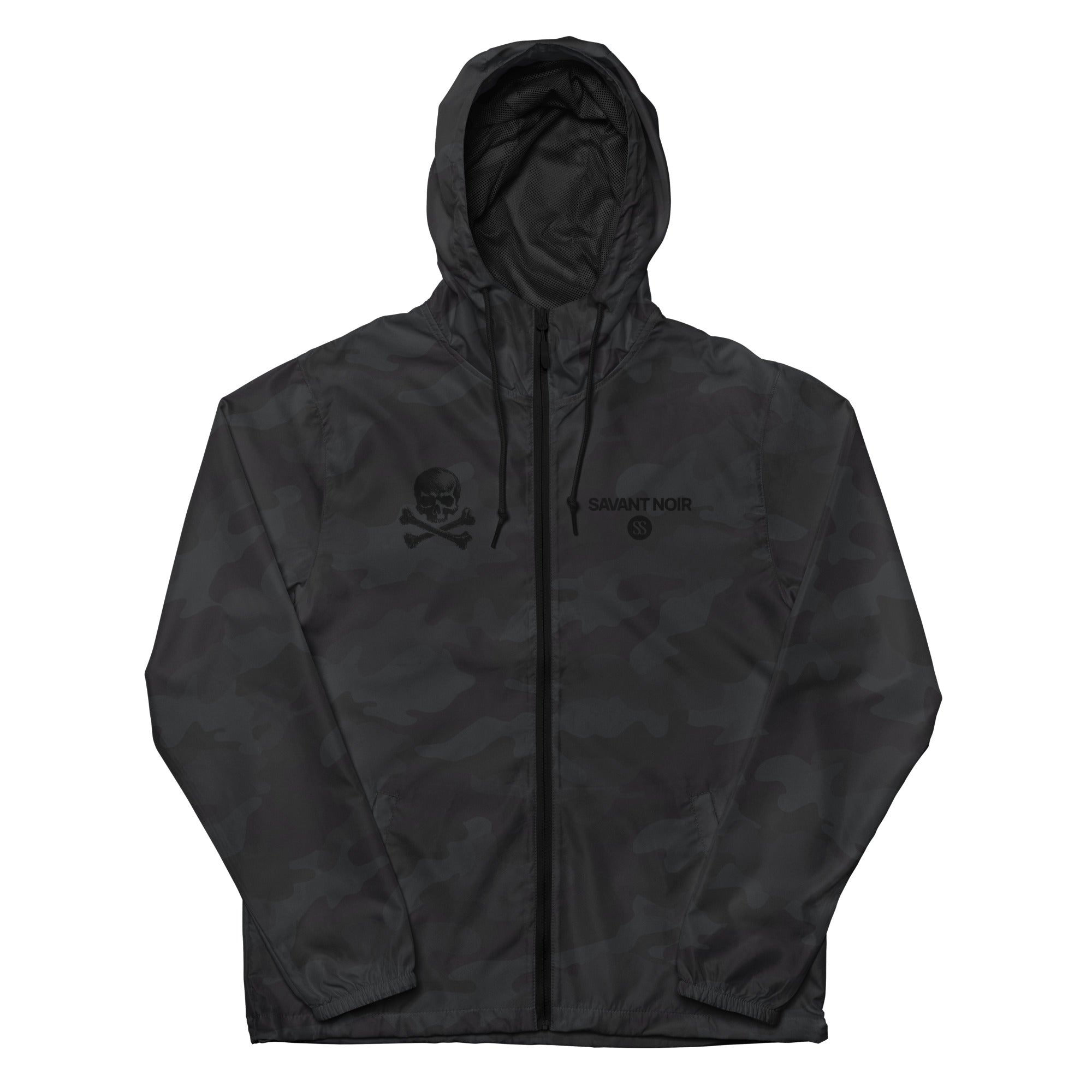 SAVANT NOIR lightweight zip up windbreaker in black camo with hood and front zipper