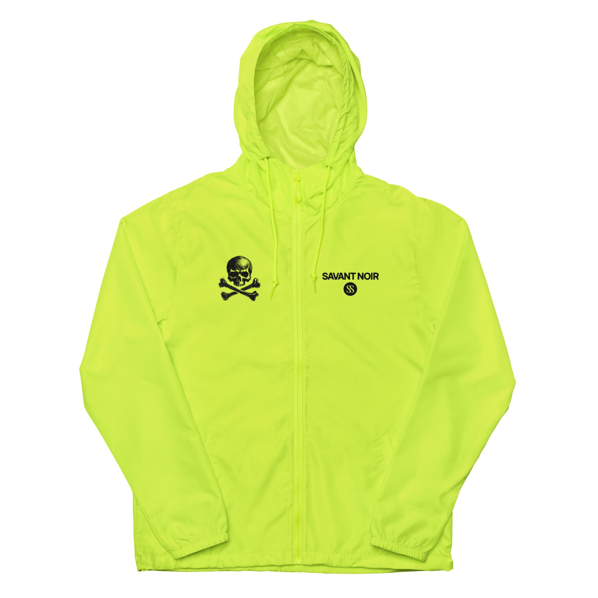 SAVANT NOIR bright yellow lightweight zip up windbreaker with hood and skull logo on chest