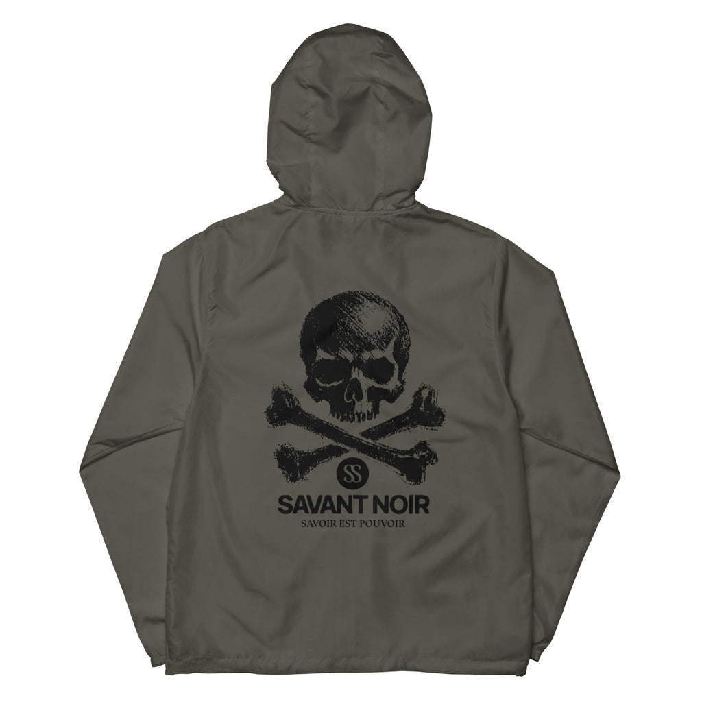 SAVANT NOIR lightweight zip up windbreaker in gray with hood and black skull and crossbones graphic on back