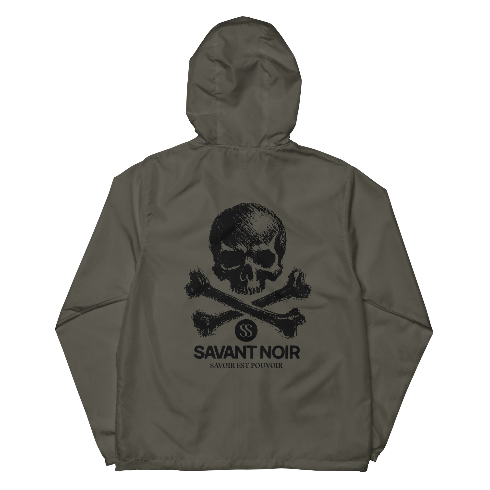 SAVANT NOIR lightweight zip up windbreaker with hood and skull and crossbones design on back in dark gray