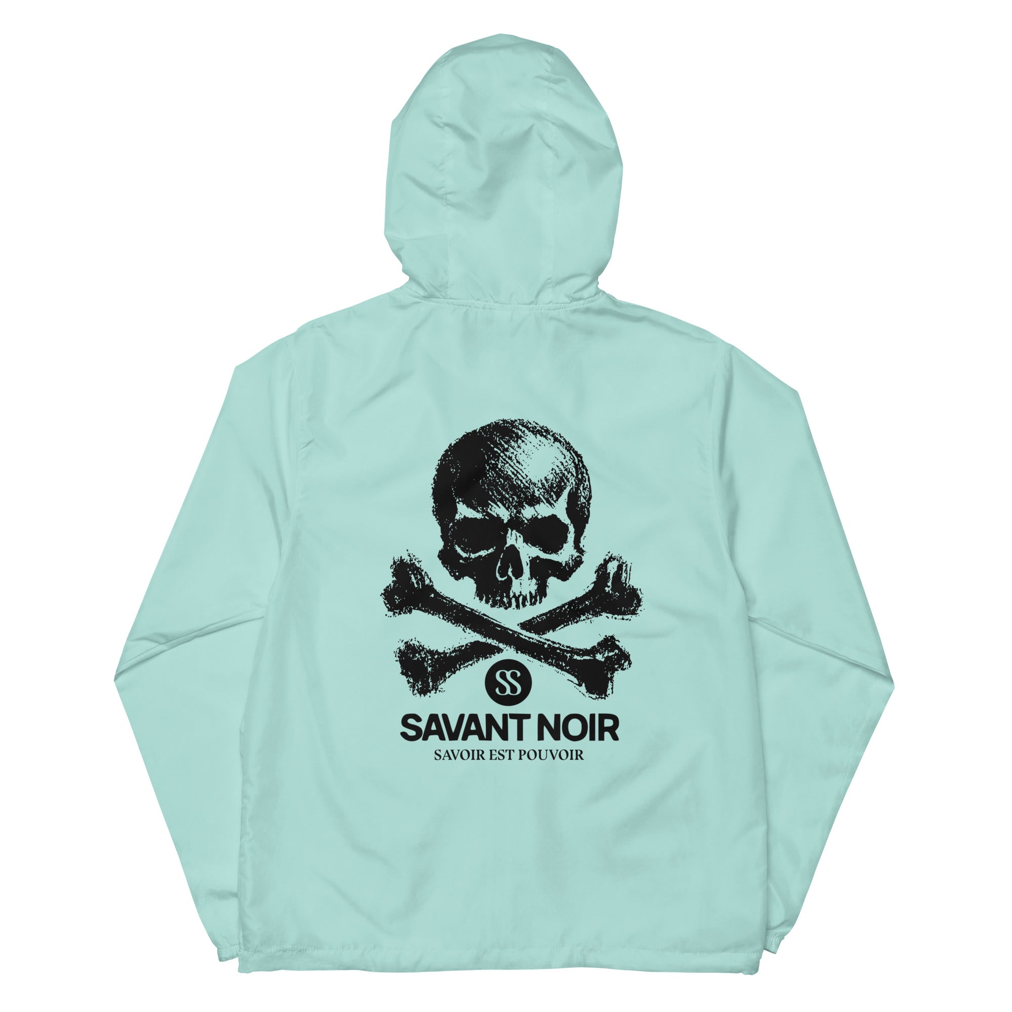 SAVANT NOIR lightweight zip up windbreaker in mint green with black skull and crossbones design on back