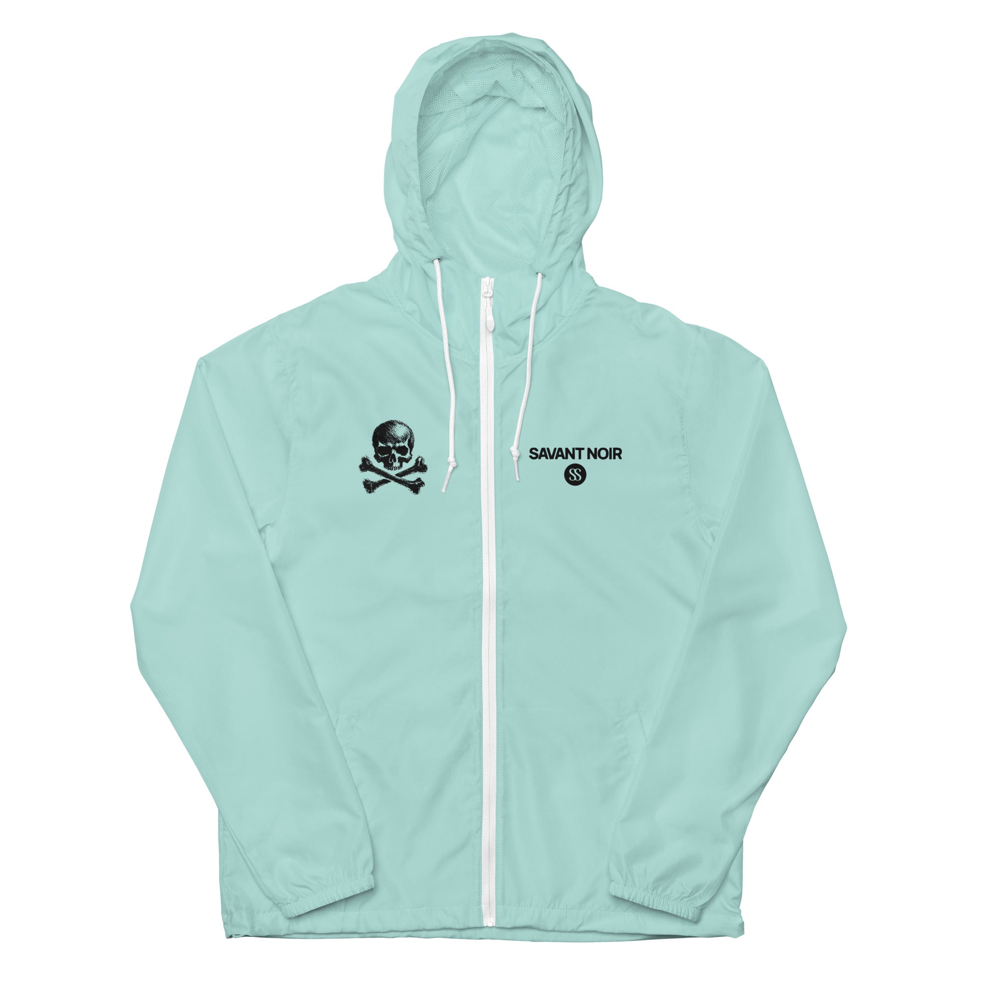 SAVANT NOIR lightweight zip up windbreaker in light blue with hood and skull logo on chest