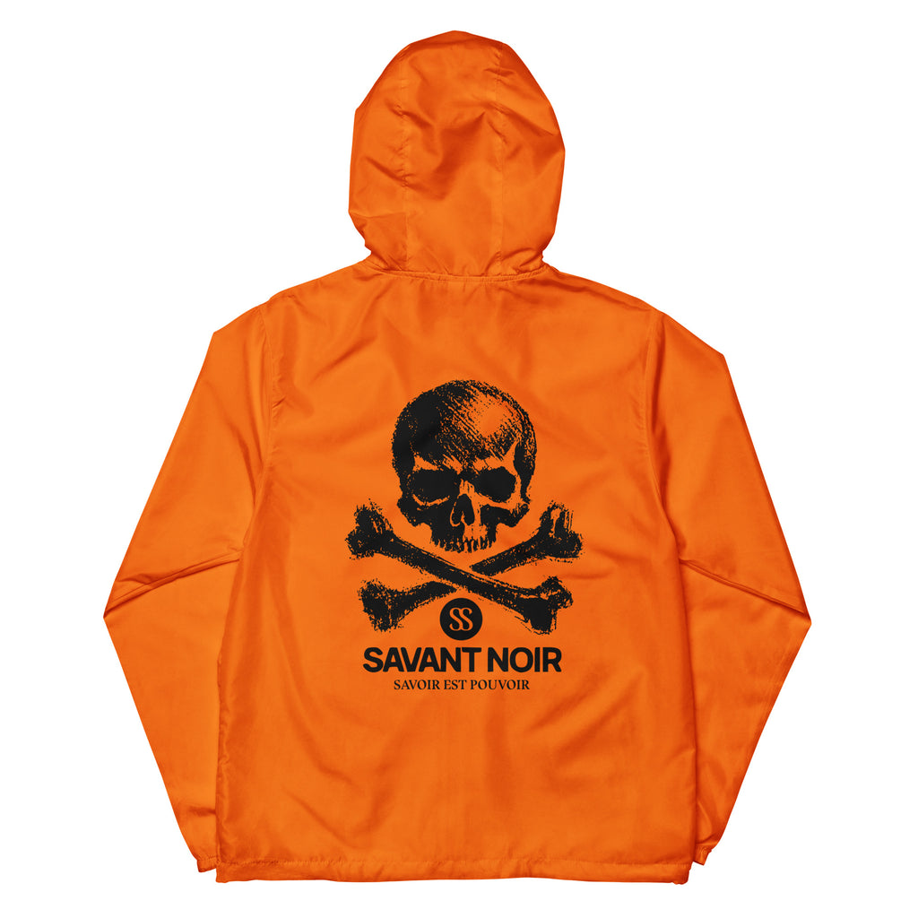 Orange lightweight zip up windbreaker by SAVANT NOIR with black skull and crossbones graphic on back