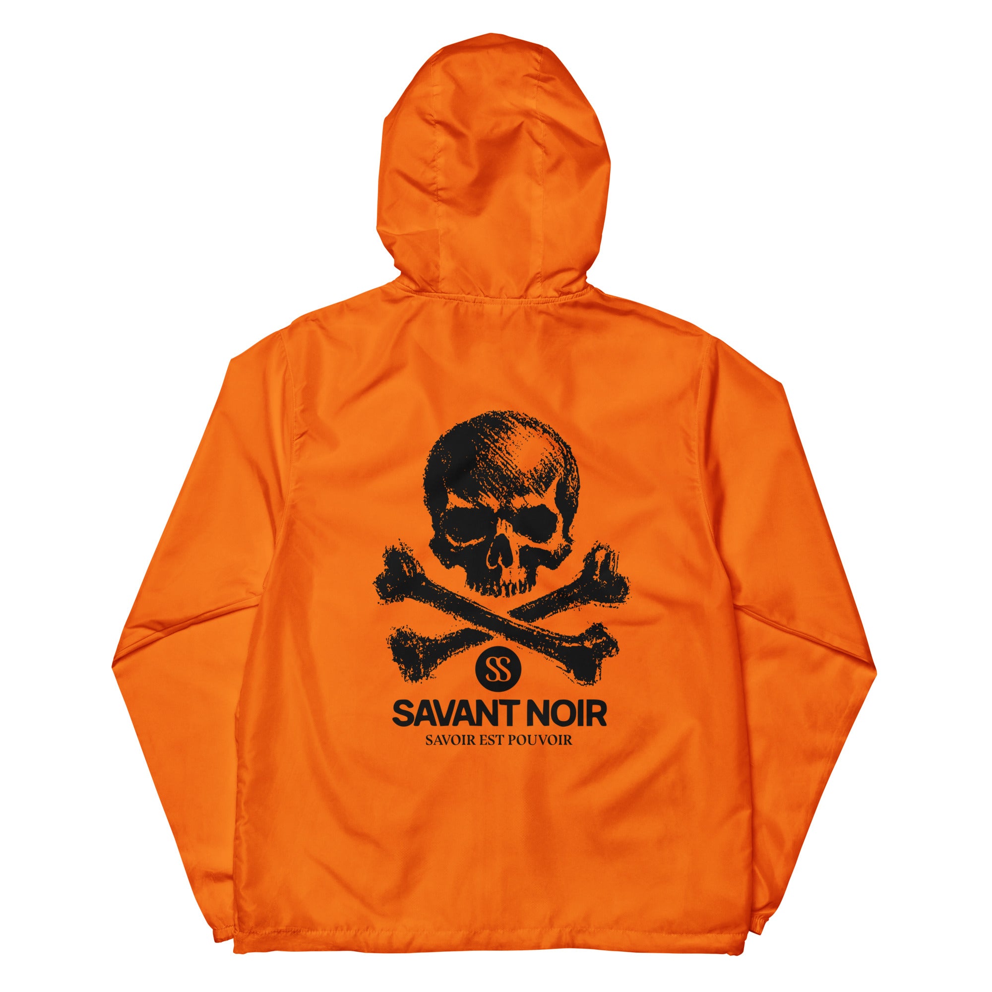 Orange lightweight zip up windbreaker by SAVANT NOIR with black skull and crossbones graphic on back