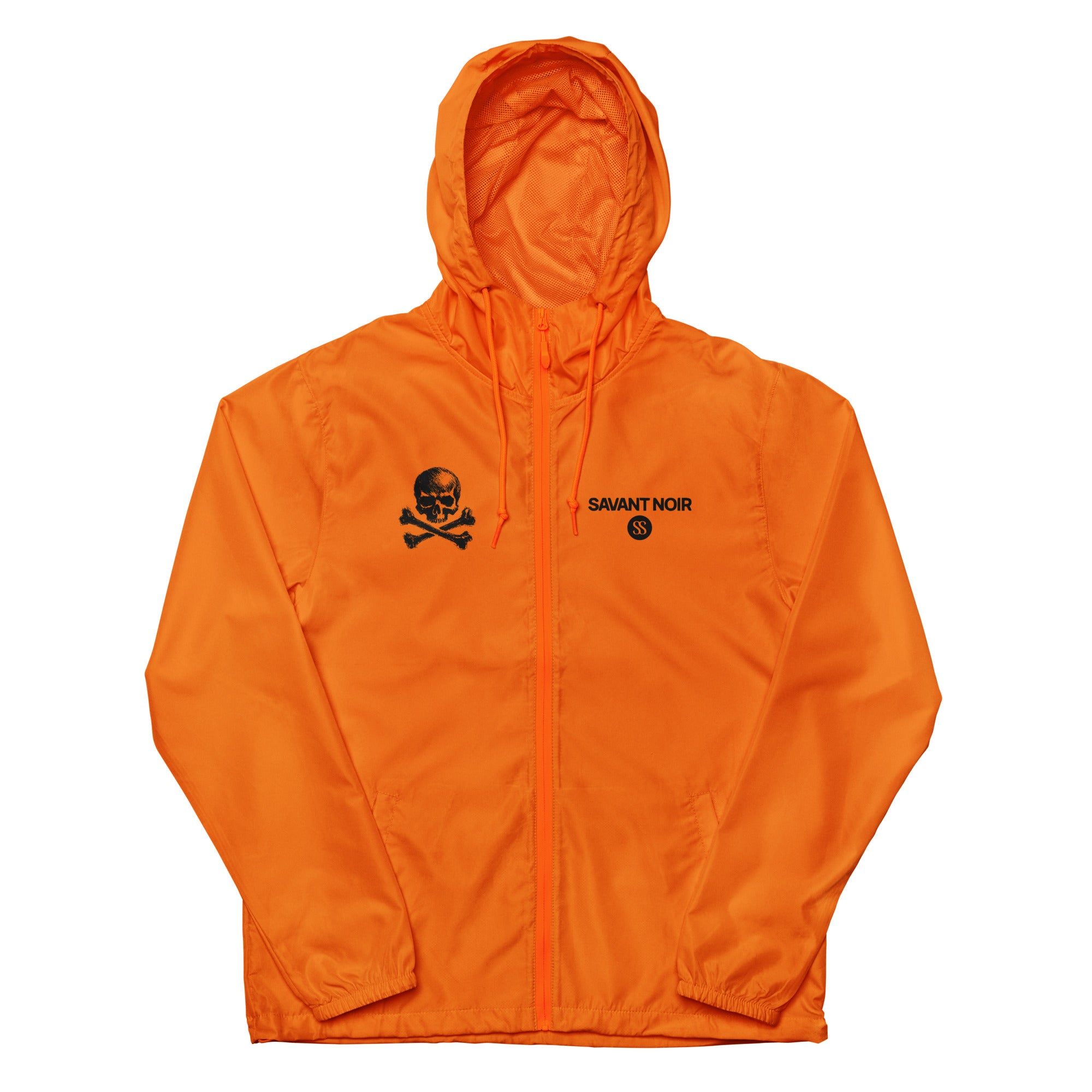 SAVANT NOIR orange lightweight zip up windbreaker with hood and black skull logo