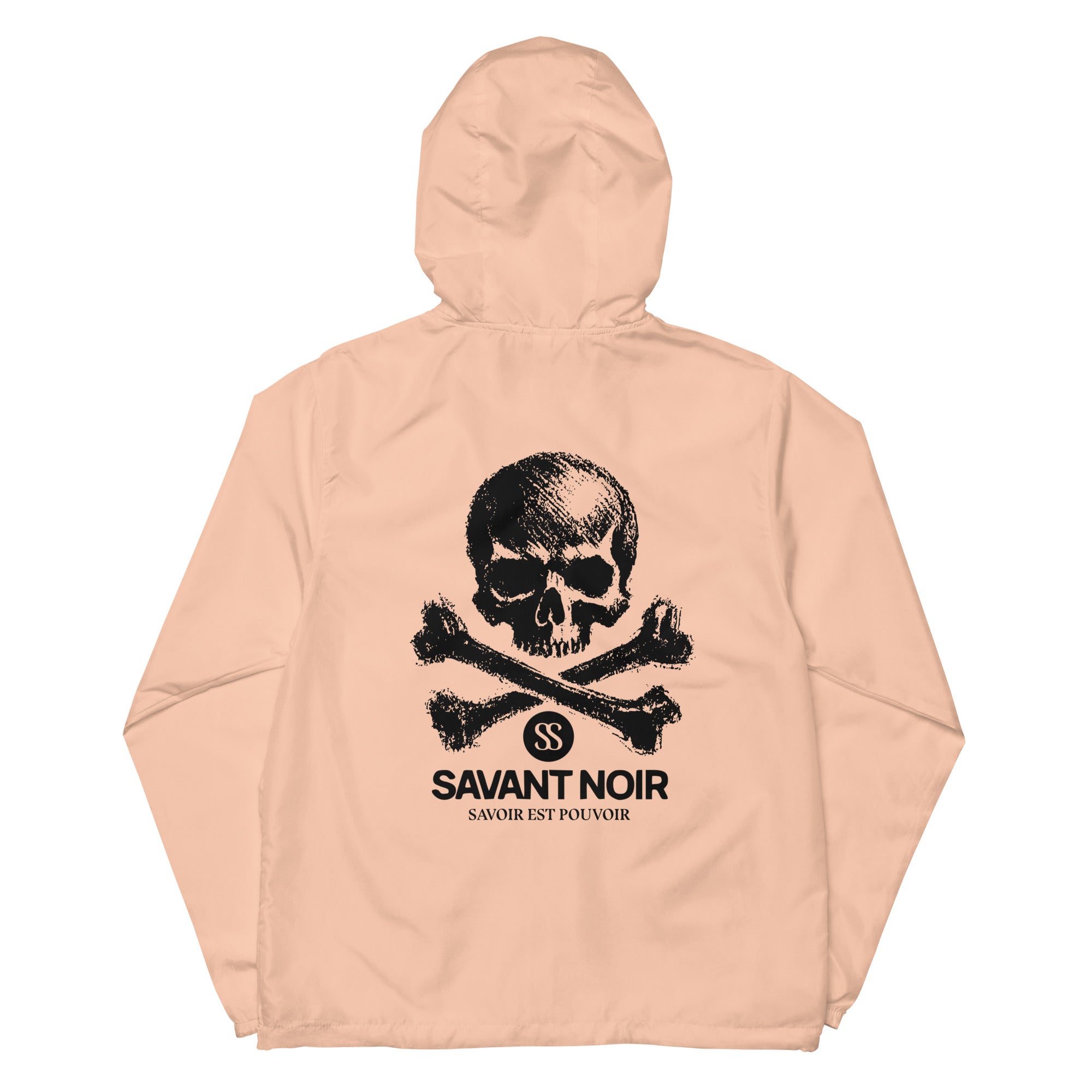 SAVANT NOIR lightweight zip up windbreaker in beige with black skull and crossbones design on the back