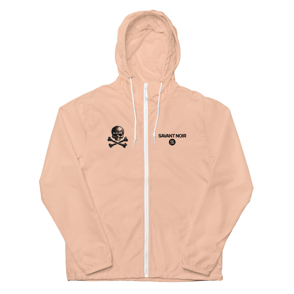 SAVANT NOIR lightweight zip up windbreaker in peach with hood and skull logo on chest