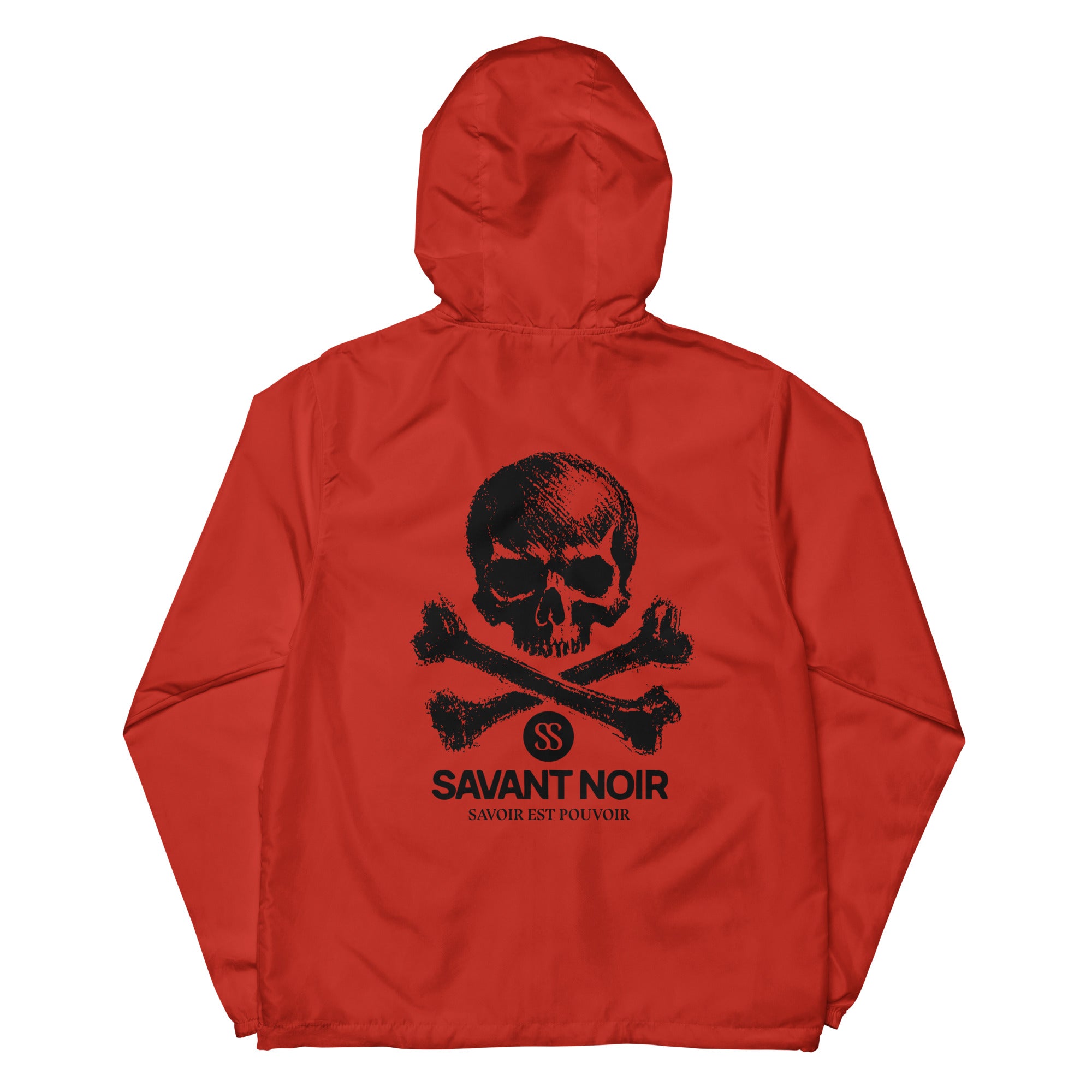 Red SAVANT NOIR lightweight zip up windbreaker with black skull and crossbones design on back
