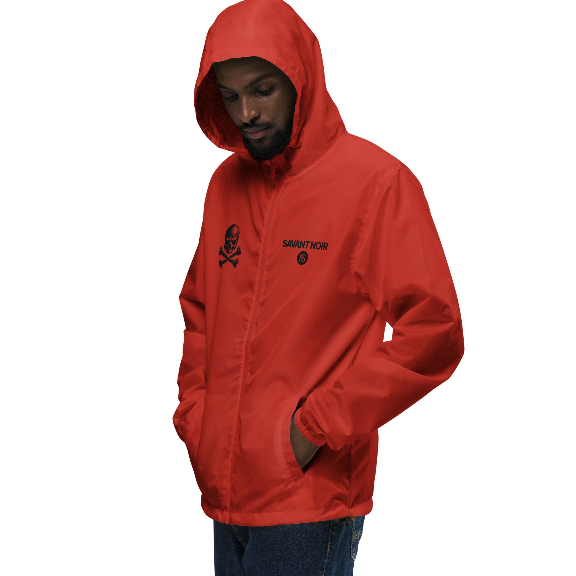 SAVANT NOIR lightweight zip up windbreaker in red with hood and skull logo on chest