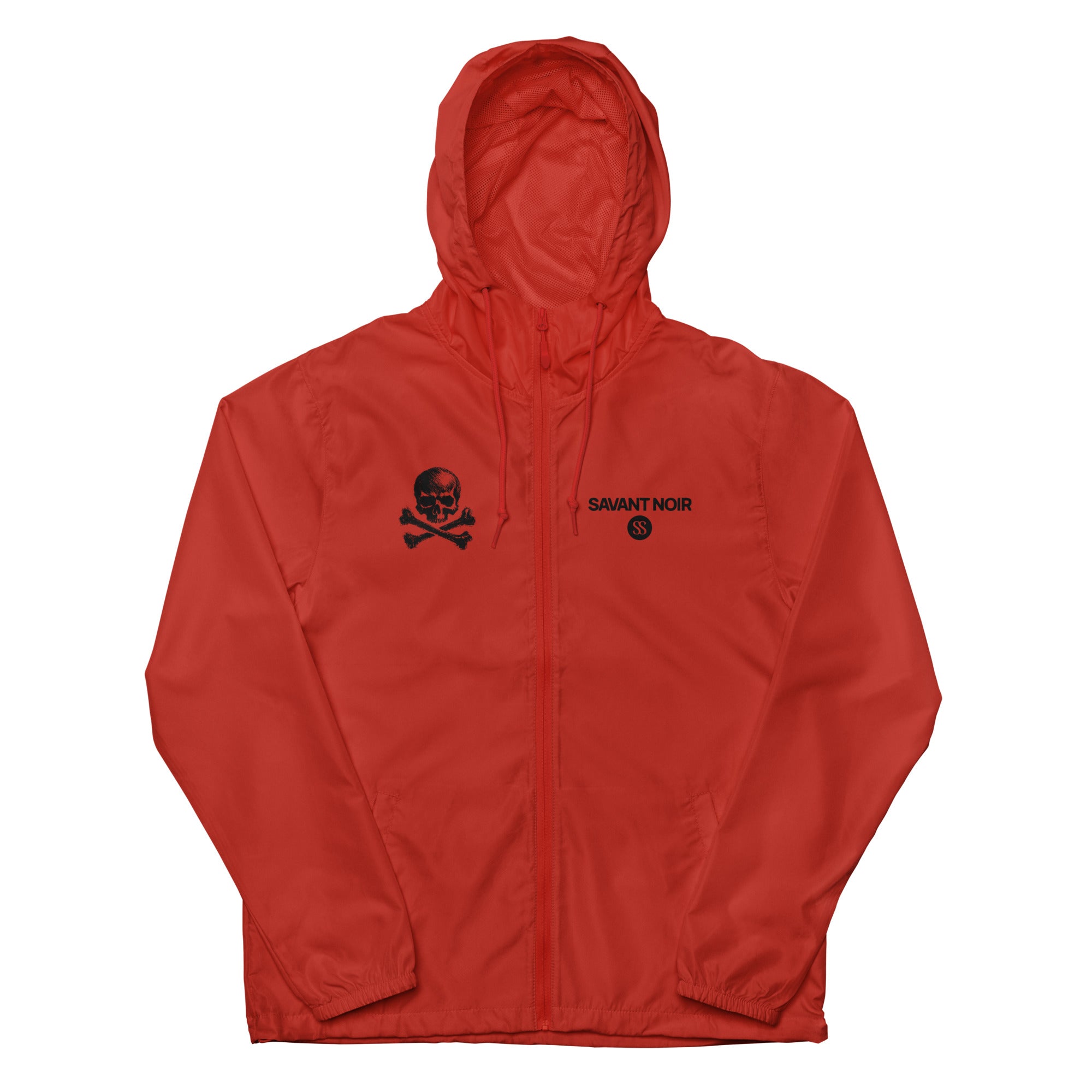 Red lightweight zip up windbreaker with hood and SAVANT NOIR logo and skull graphic on chest