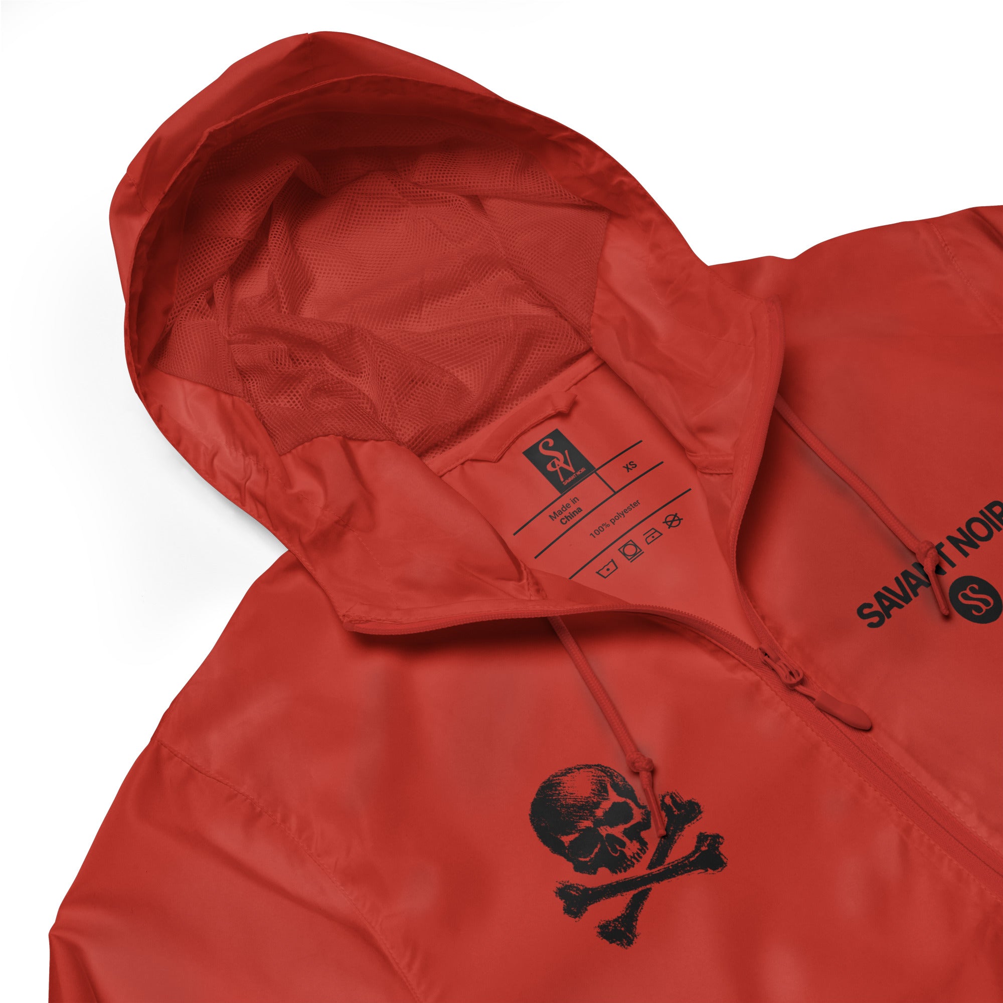 SAVANT NOIR red lightweight zip up windbreaker with hood and skull crossbones design