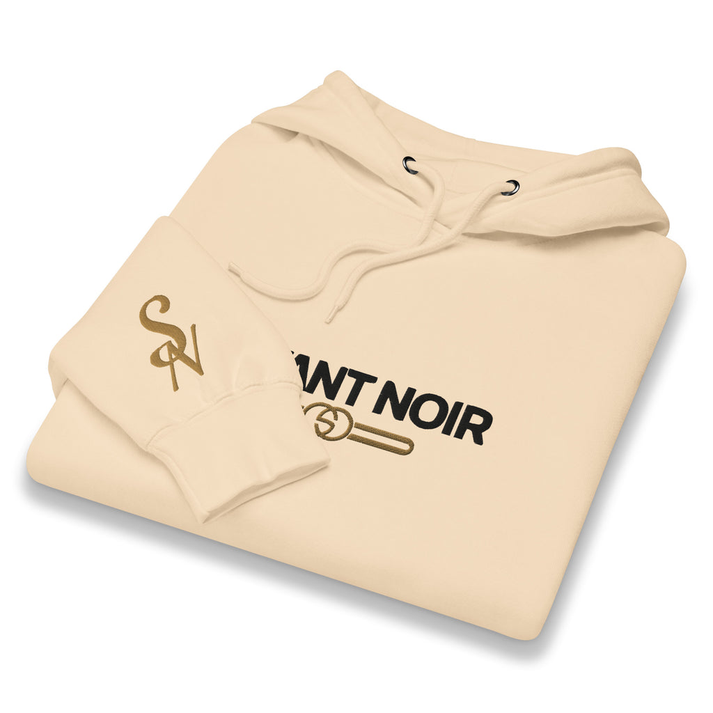 Luxury beige hoodie men by SAVANT NOIR with logo print and drawstring hood folded neatly