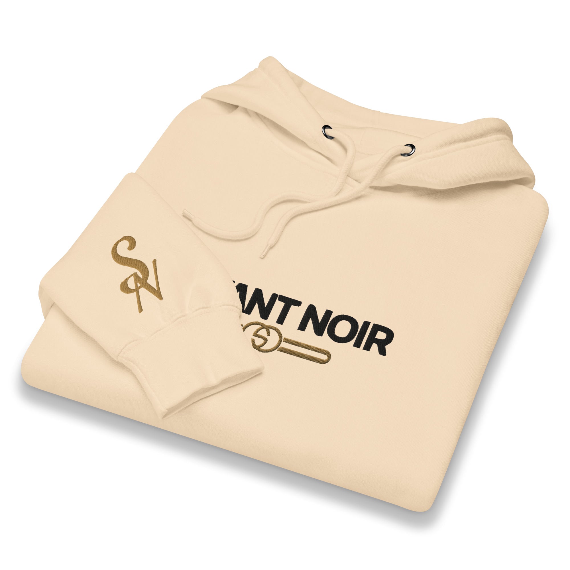 Luxury beige hoodie men by SAVANT NOIR with logo print and drawstring hood folded neatly