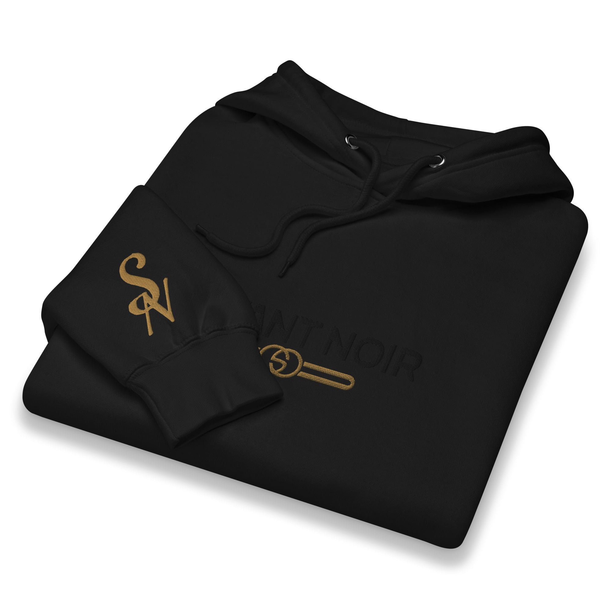Folded black luxury beige hoodie men by SAVANT NOIR with gold logo and drawstring hood