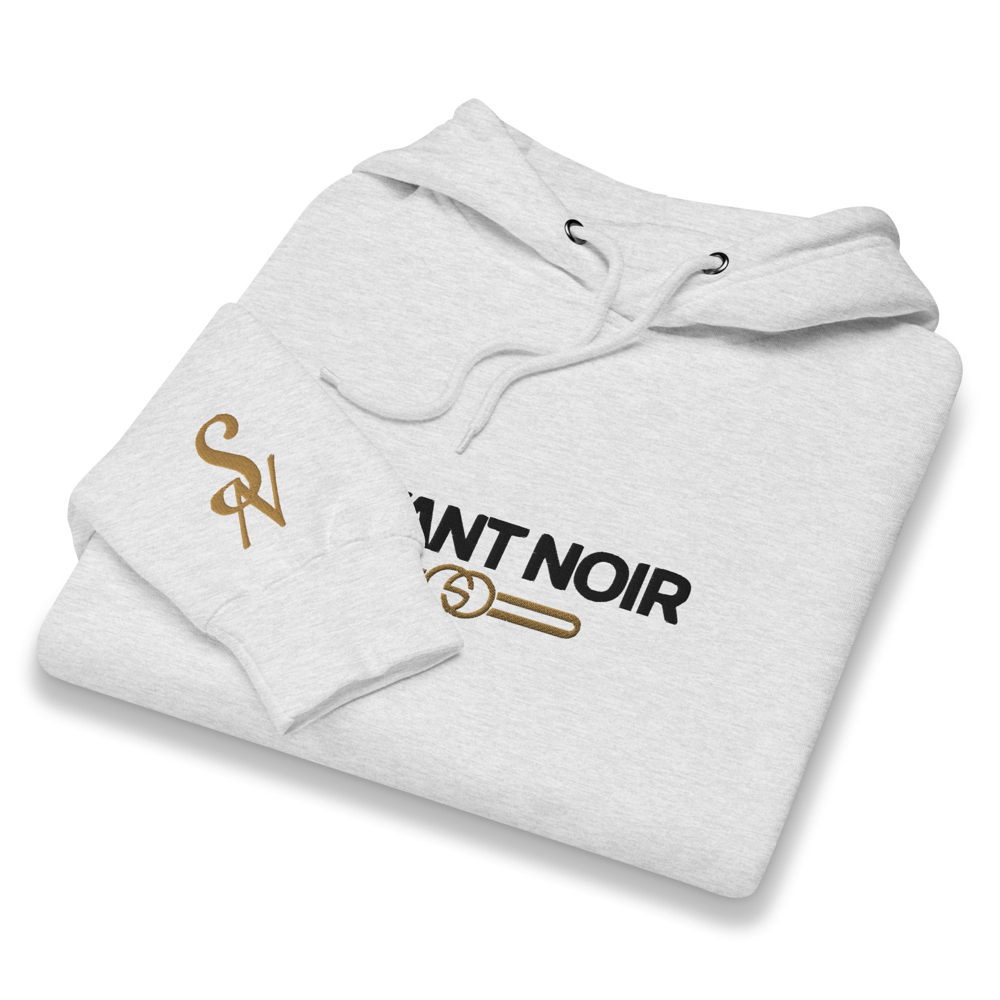 SAVANT NOIR luxury beige hoodie men folded with black and gold logo on front and sleeve