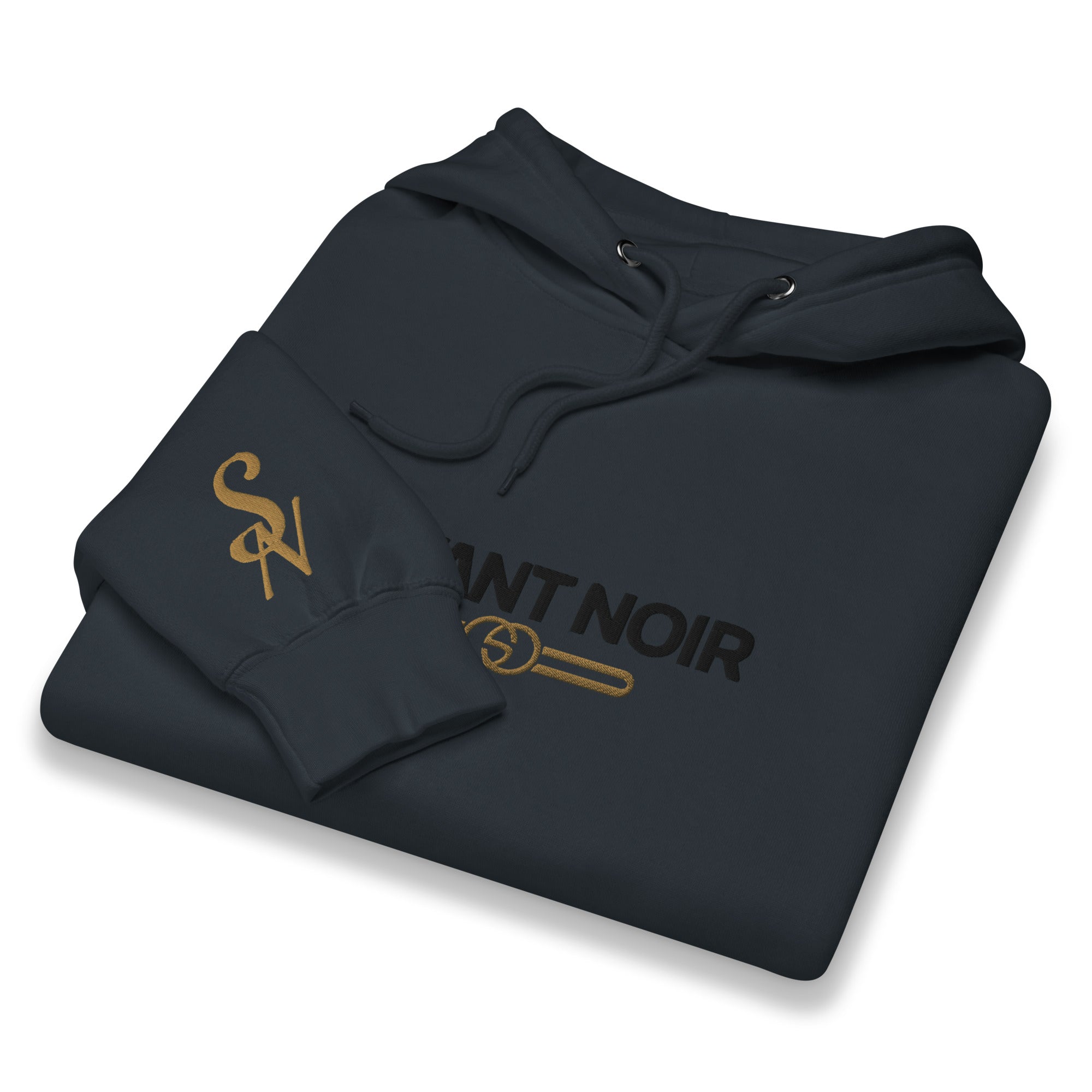 Folded black Savant Noir hoodie with gold logo and drawstring for luxury beige hoodie men