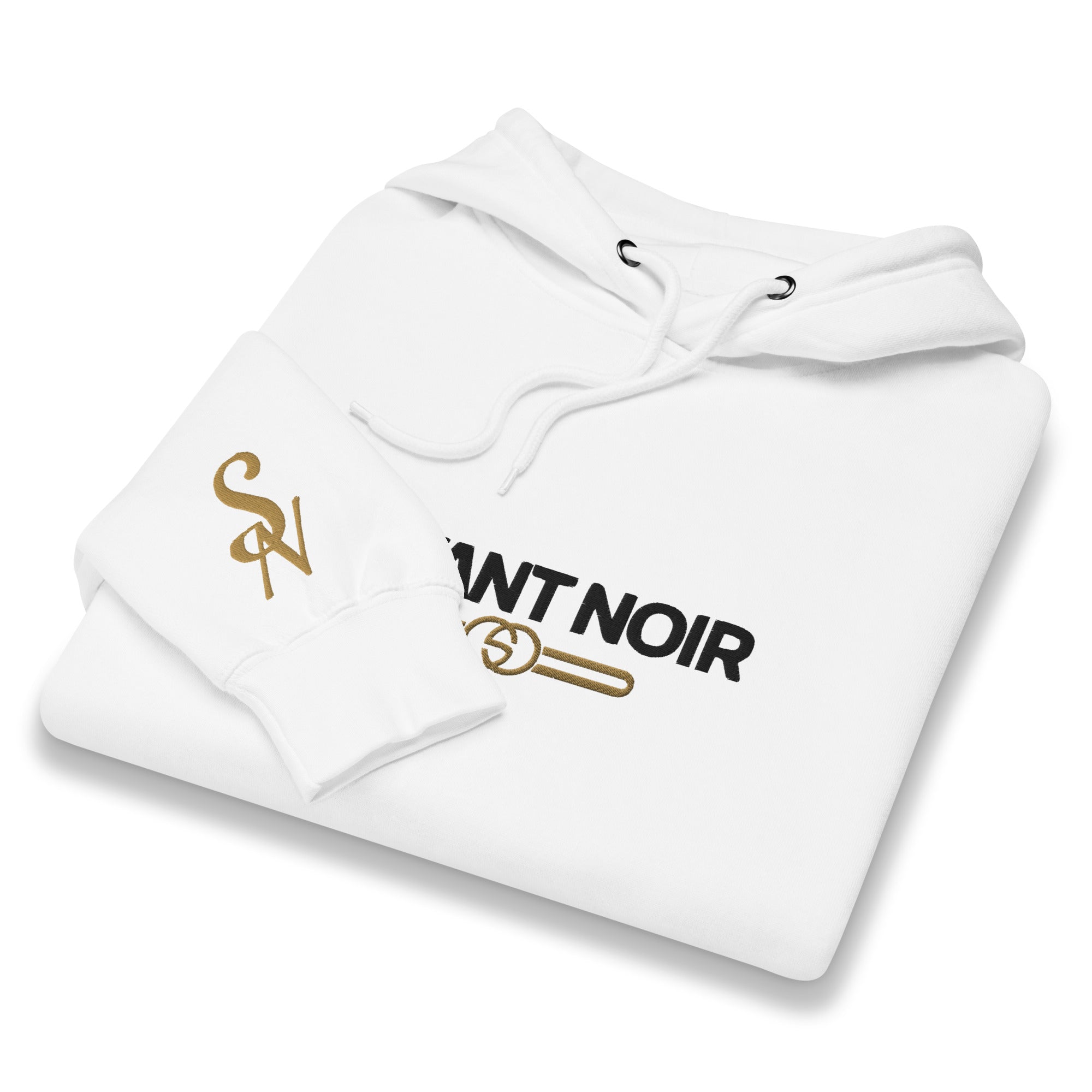 SAVANT NOIR luxury beige hoodie men in white with black and gold logo folded neatly