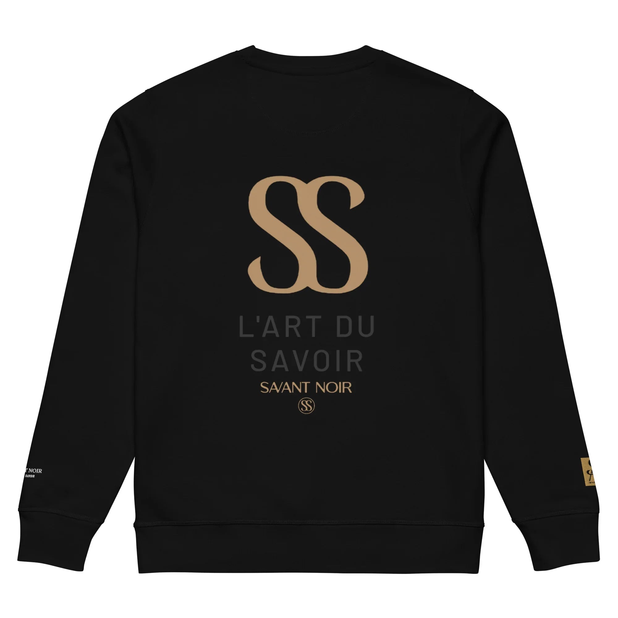 Luxury black crewneck sweatshirt by SAVANT NOIR with beige SS logo and French text design