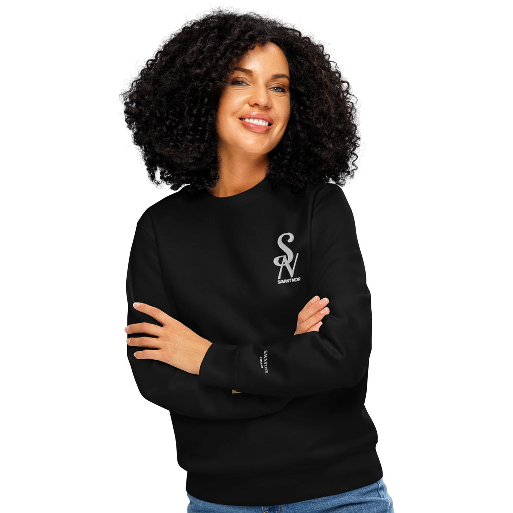 SAVANT NOIR luxury black crewneck sweatshirt worn by smiling woman with curly hair