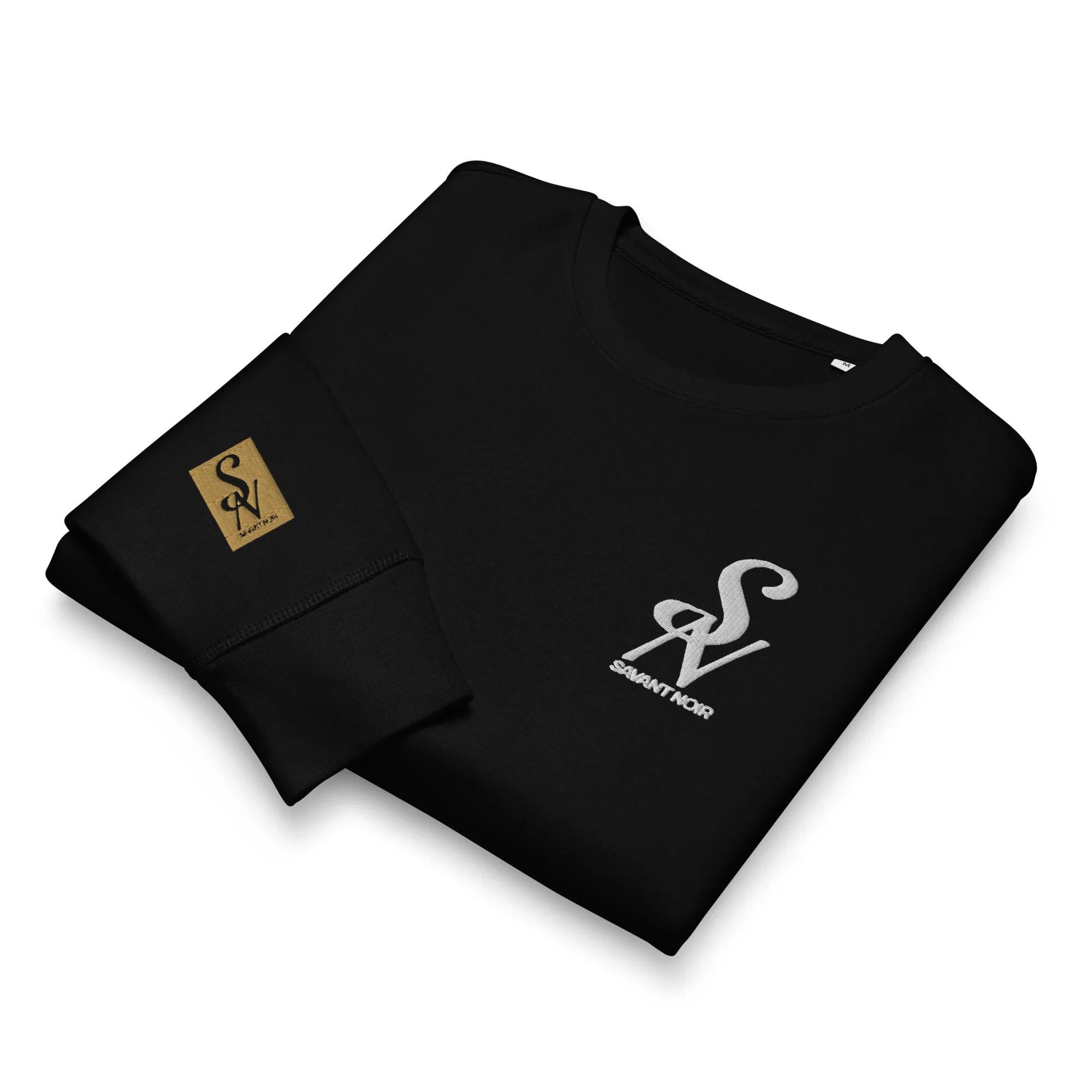 SAVANT NOIR luxury black crewneck sweatshirt with white logo on chest and gold patch on sleeve