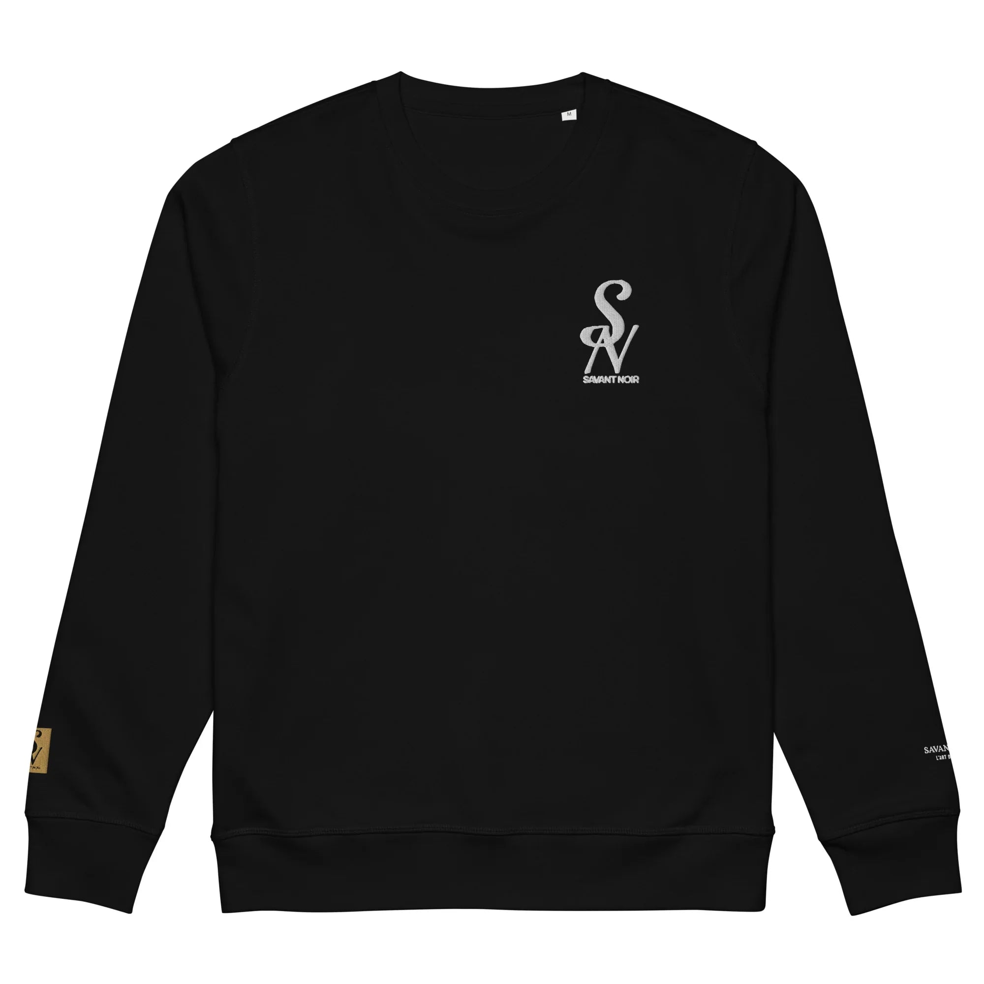 Luxury black crewneck sweatshirt by SAVANT NOIR with minimalist logo on chest and long sleeves