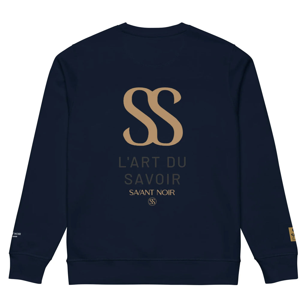 SAVANT NOIR luxury black crewneck sweatshirt with gold logo and French text on the back