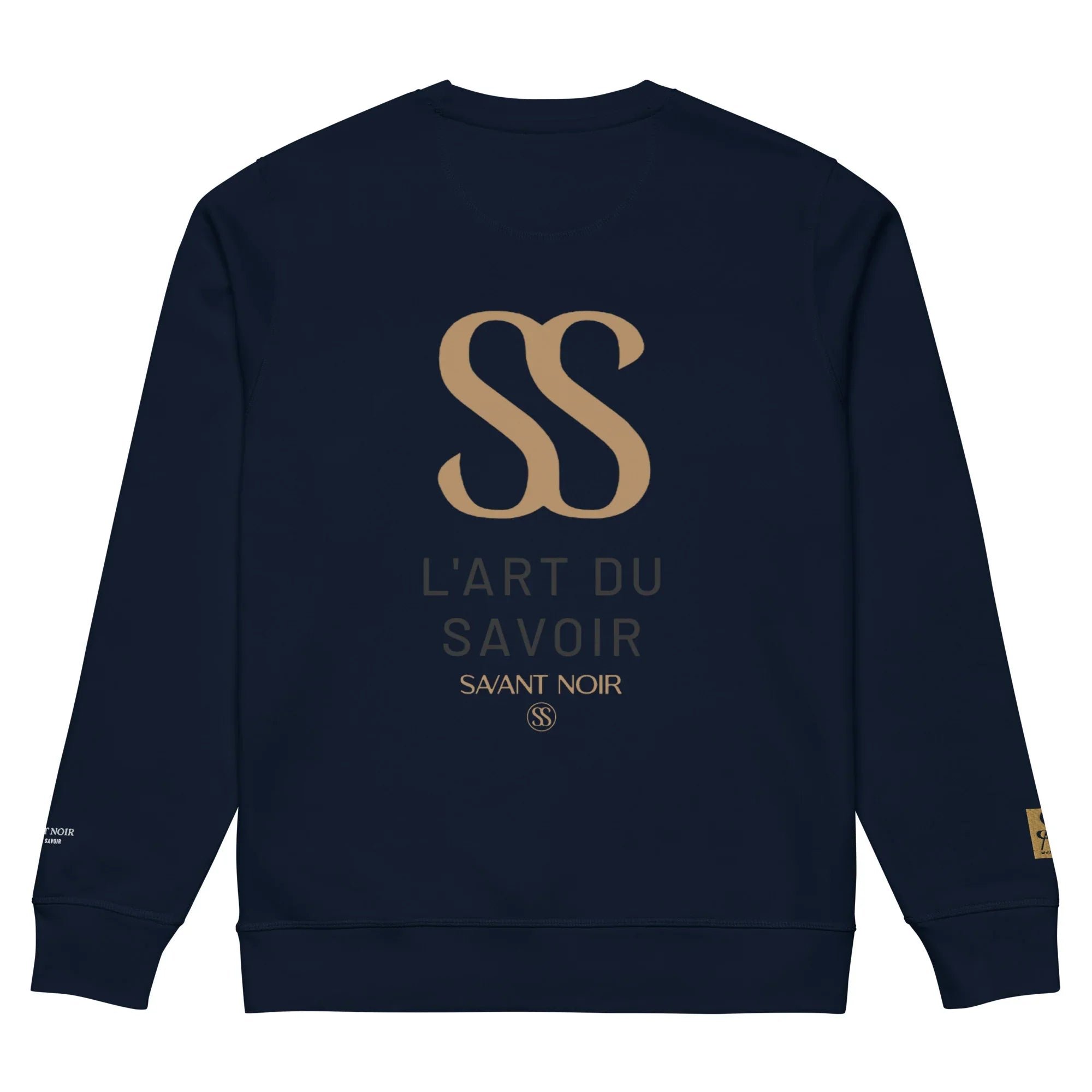 SAVANT NOIR luxury black crewneck sweatshirt with gold logo and French text on the back
