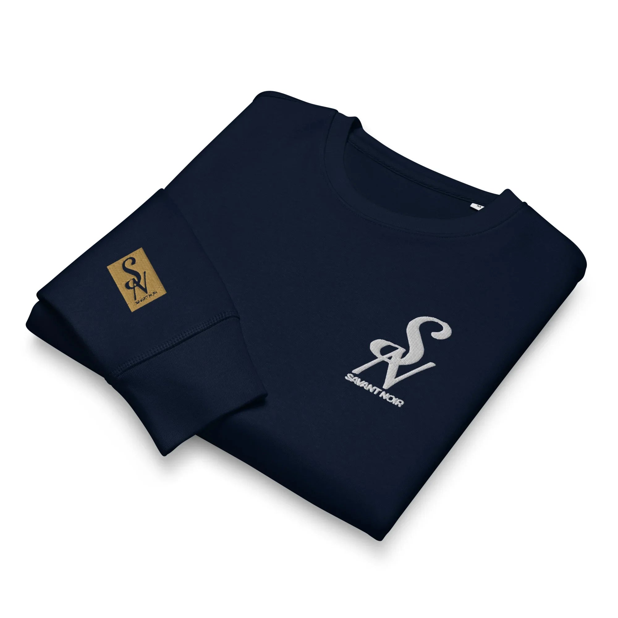 SAVANT NOIR luxury black crewneck sweatshirt with white logo embroidery and brown patch on sleeve