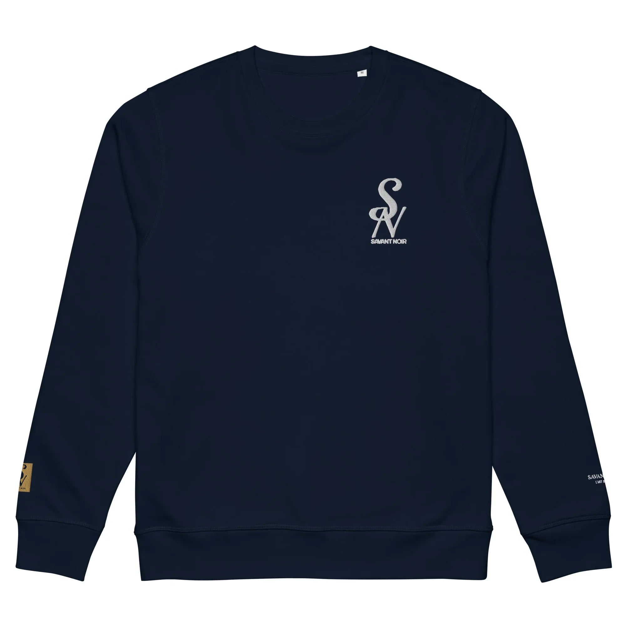 SAVANT NOIR luxury black crewneck sweatshirt with logo on chest and ribbed cuffs