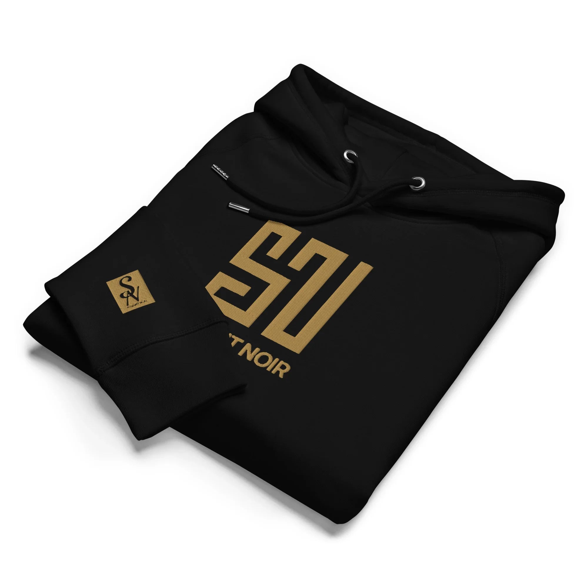 Luxury black gold embroidered hoodie by SAVANT NOIR with gold logo on chest and sleeve