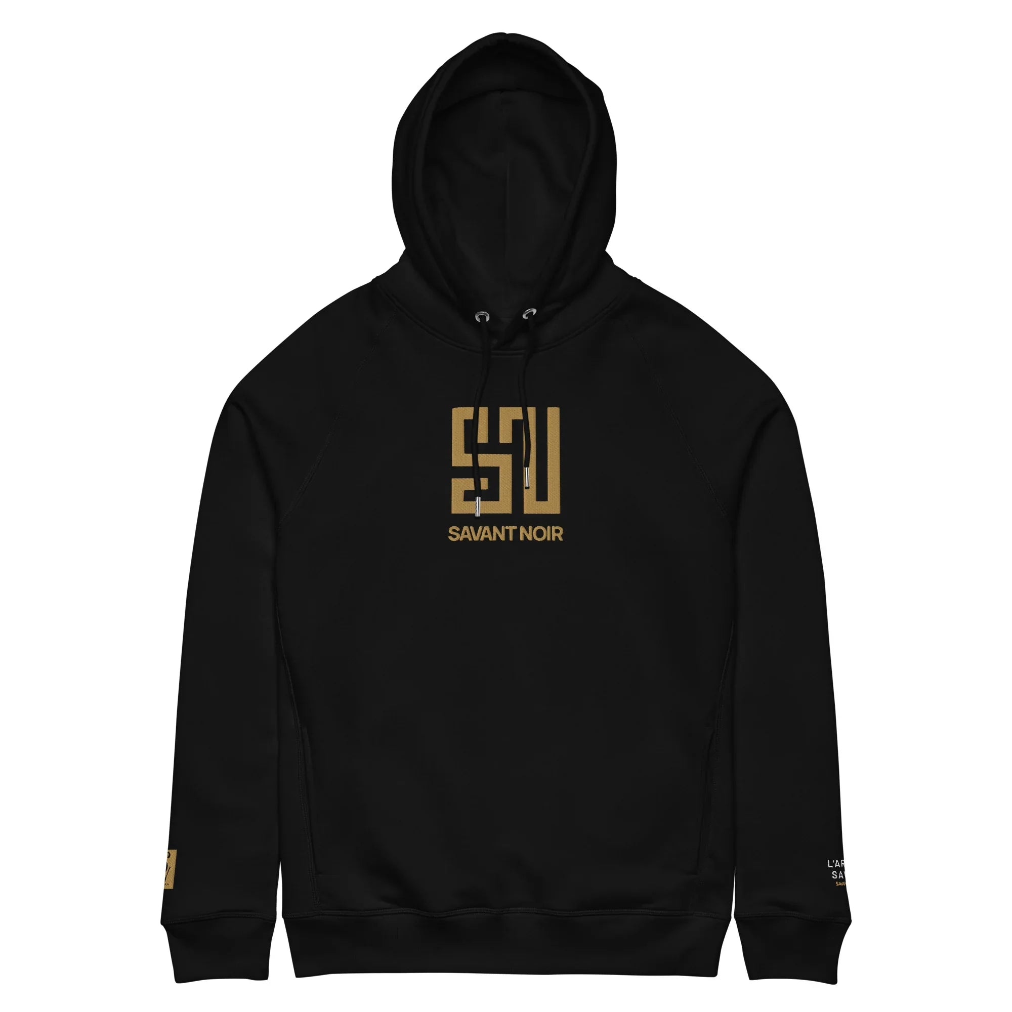 SAVANT NOIR luxury black gold embroidered hoodie with gold logo on chest and drawstring hood