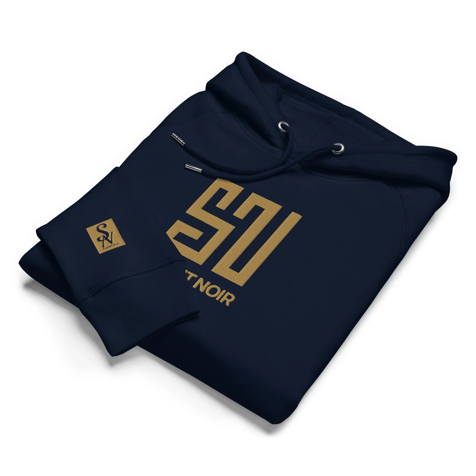 SAVANT NOIR luxury black gold embroidered hoodie with bold gold logo design and drawstring hood