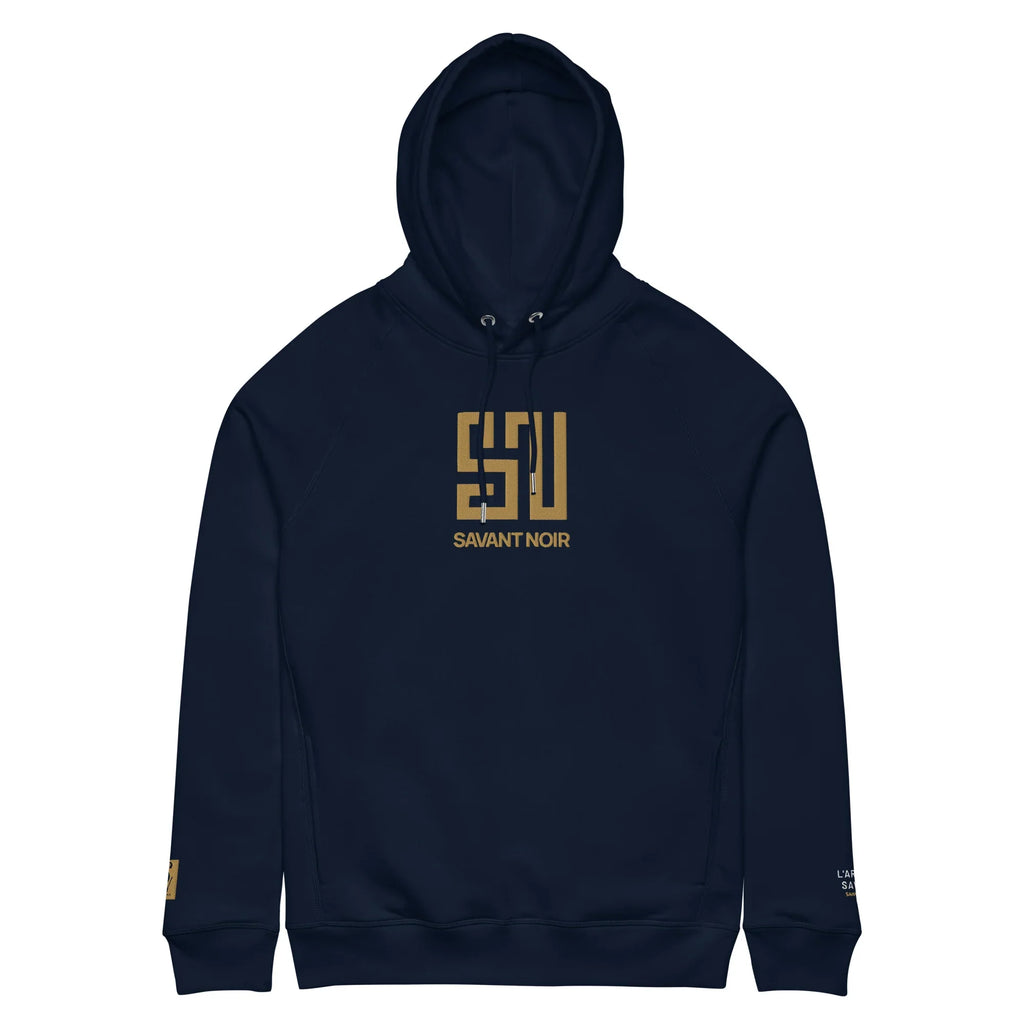 SAVANT NOIR luxury black gold embroidered hoodie with front logo and hood