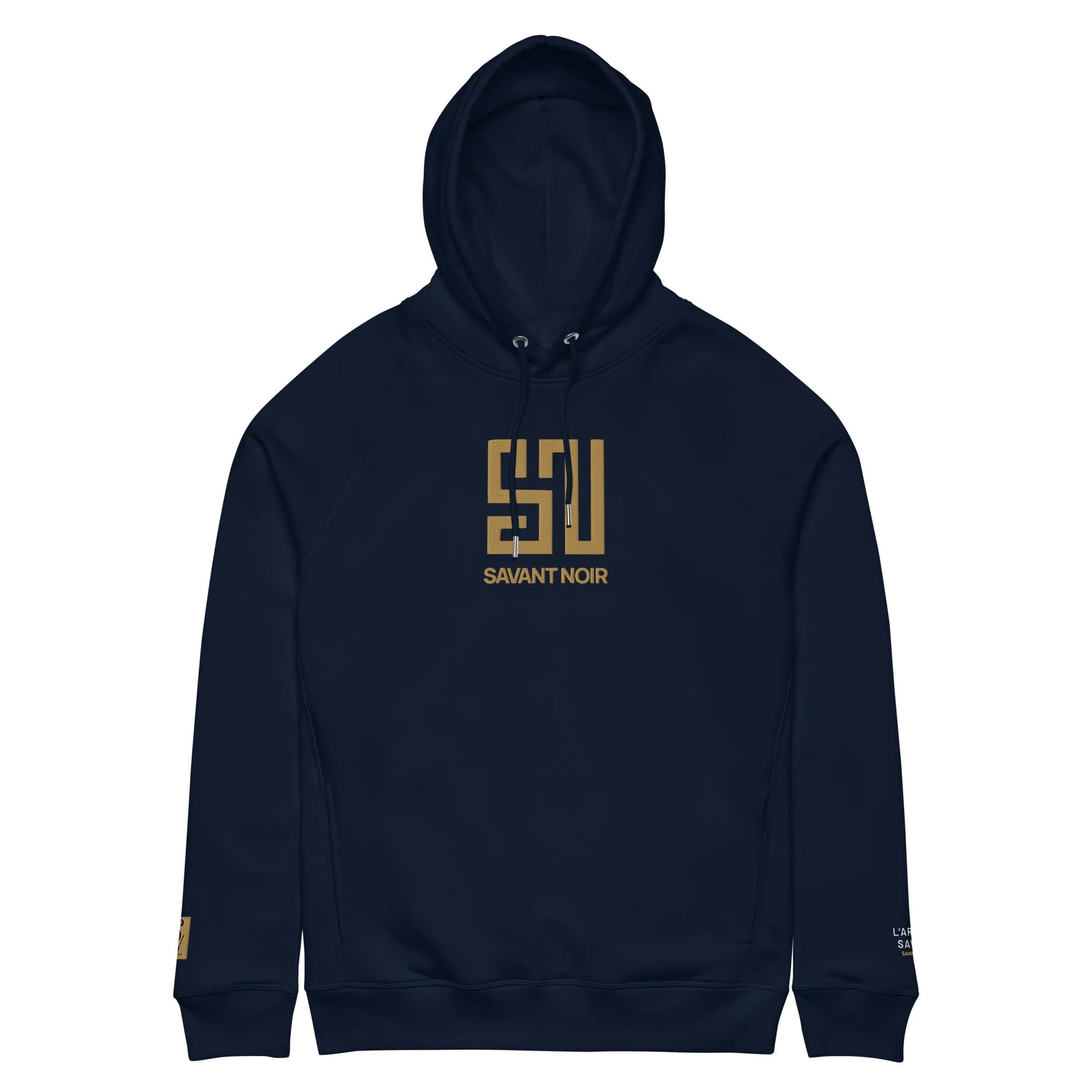 SAVANT NOIR luxury black gold embroidered hoodie with front logo and hood