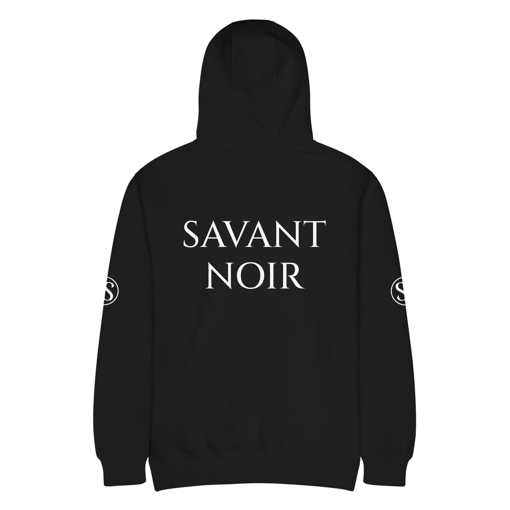 Luxury black hoodie by SAVANT NOIR with bold white logo on back and sleeve branding