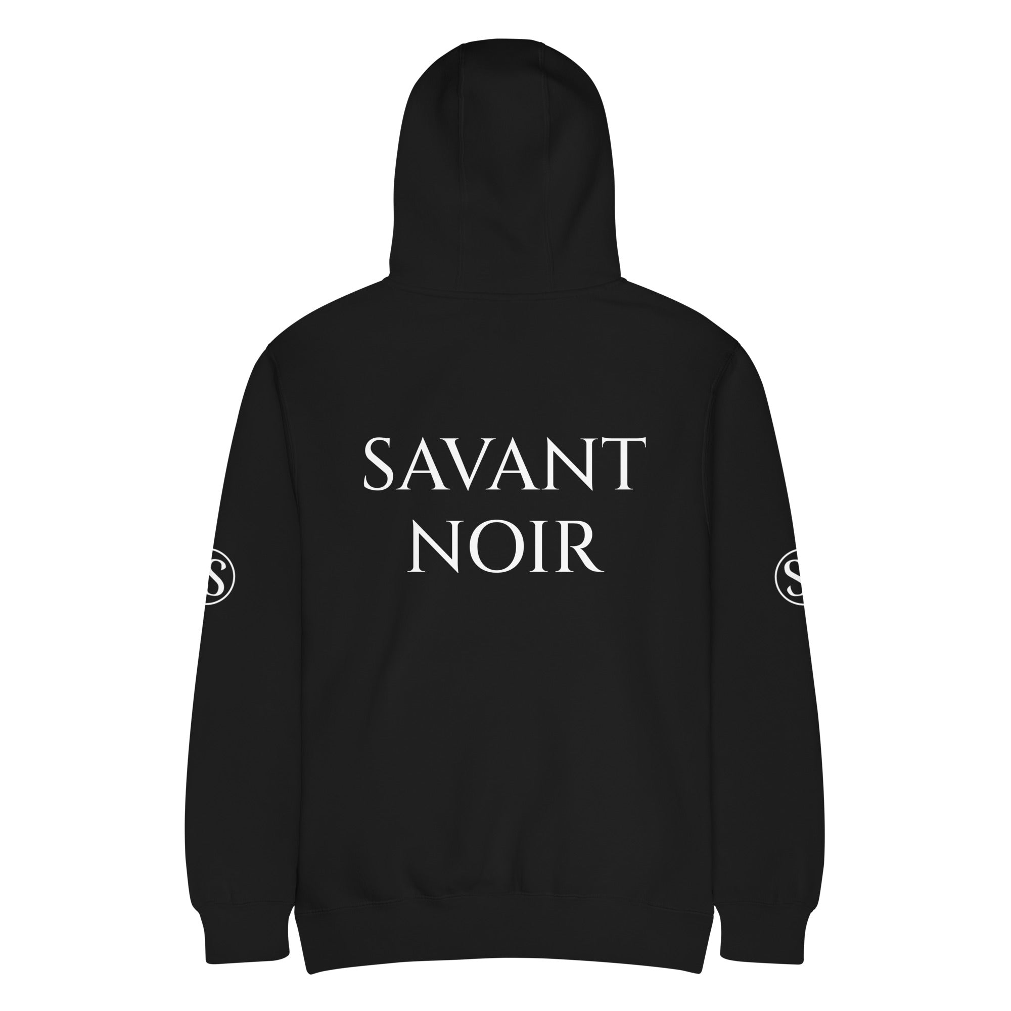 Luxury black hoodie by SAVANT NOIR with bold white logo on back and sleeve branding
