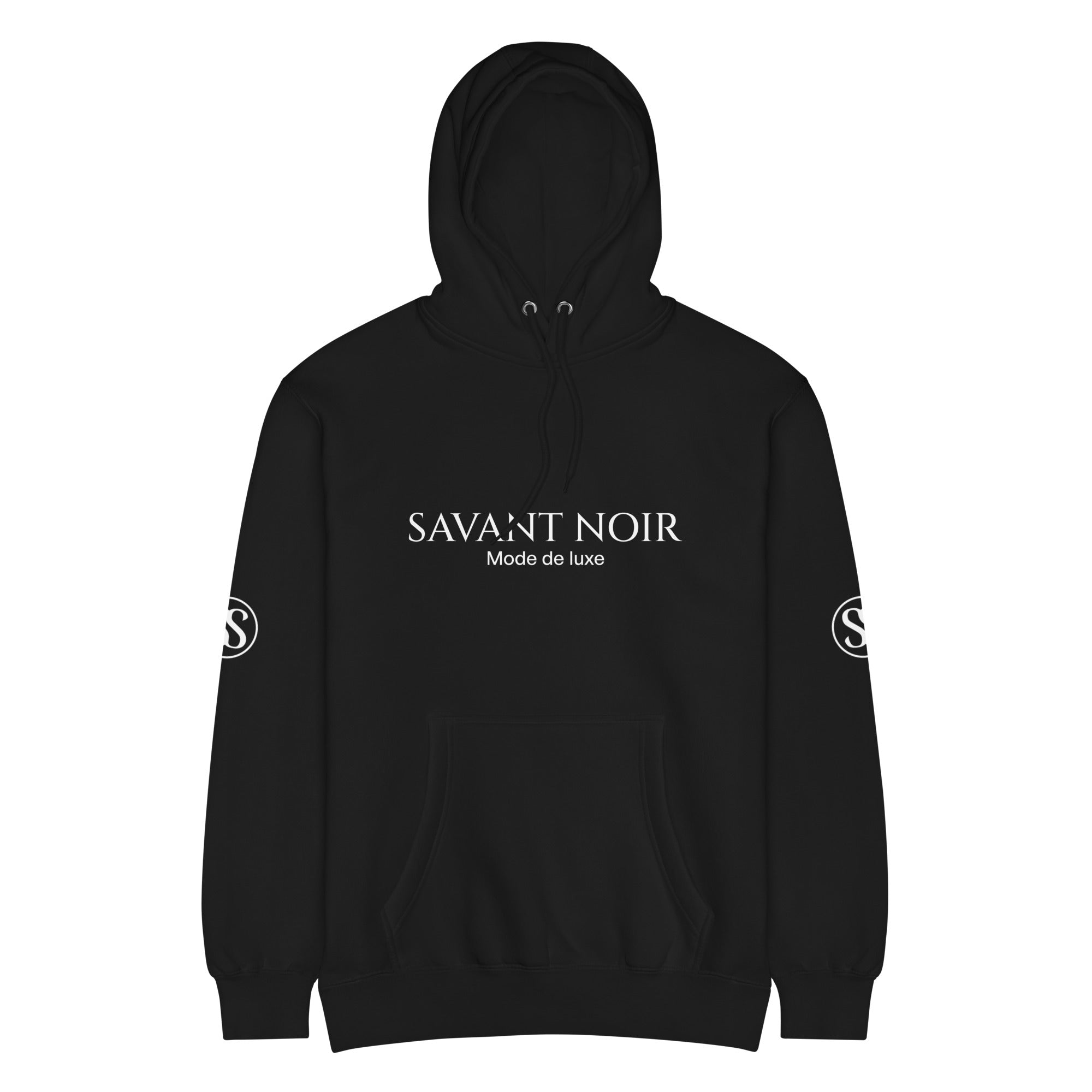 SAVANT NOIR luxury black hoodie with front logo and sleeve emblem, featuring a kangaroo pocket and adjustable hood
