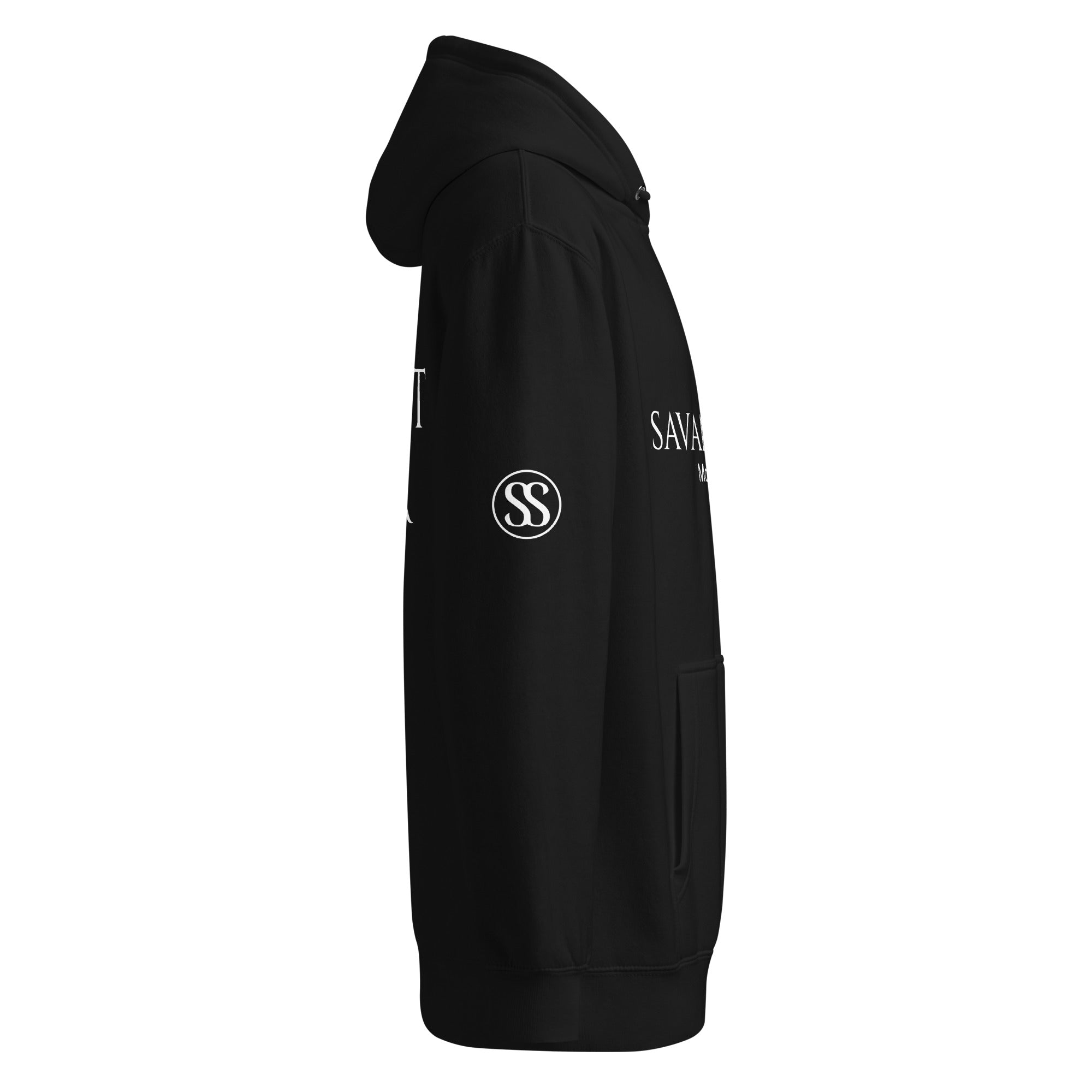 Side view of luxury black hoodie by SAVANT NOIR with logo print on sleeve and front pocket