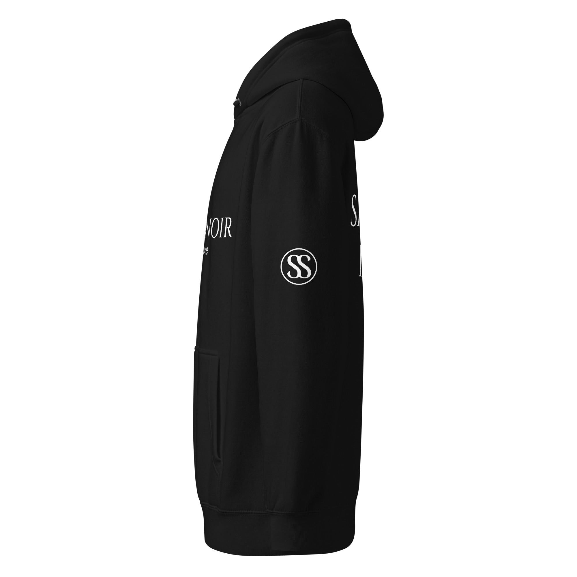 SAVANT NOIR luxury black hoodie side view with logo on sleeve and front pocket