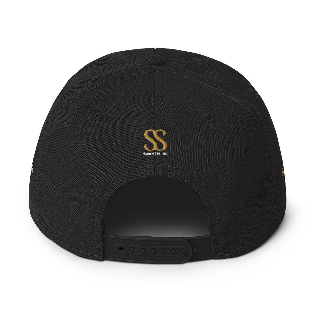 Luxury black snapback hat by SAVANT NOIR featuring adjustable strap and gold SS logo embroidery