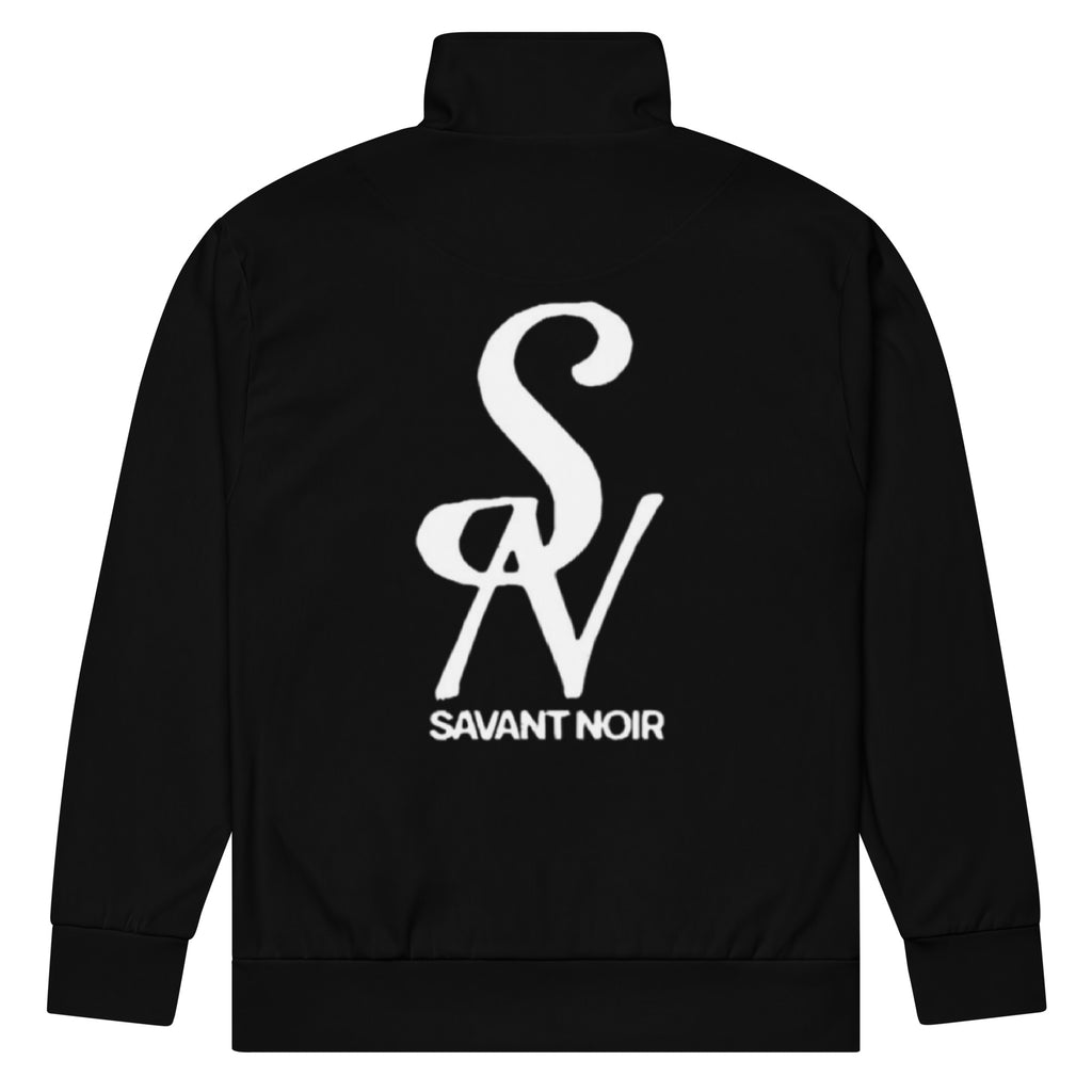 Savant Noir luxury black track jacket with white logo design on the back