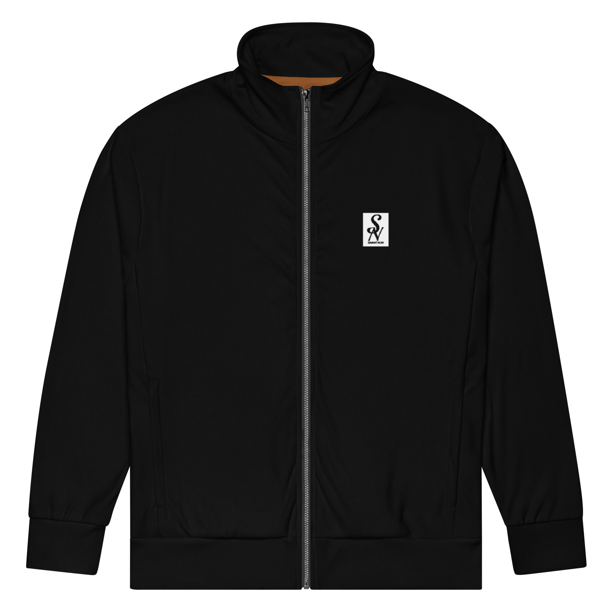 SAVANT NOIR luxury black track jacket with full front zipper and logo patch on chest