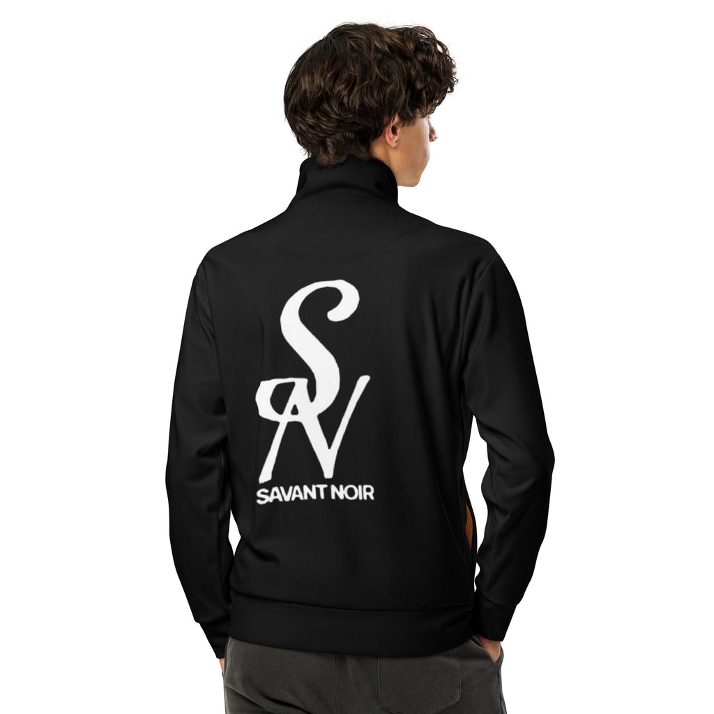 SAVANT NOIR luxury black track jacket with white logo on back worn by male model