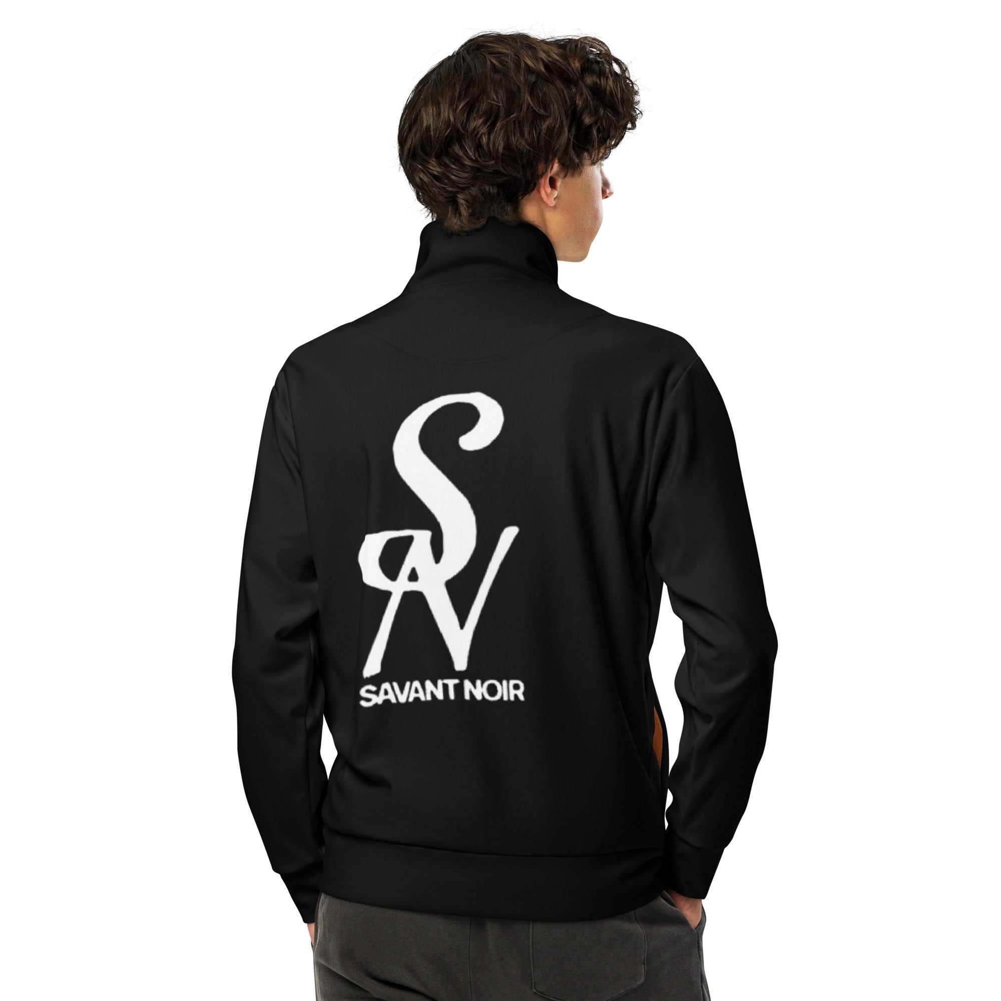 SAVANT NOIR luxury black track jacket with white logo on back worn by male model