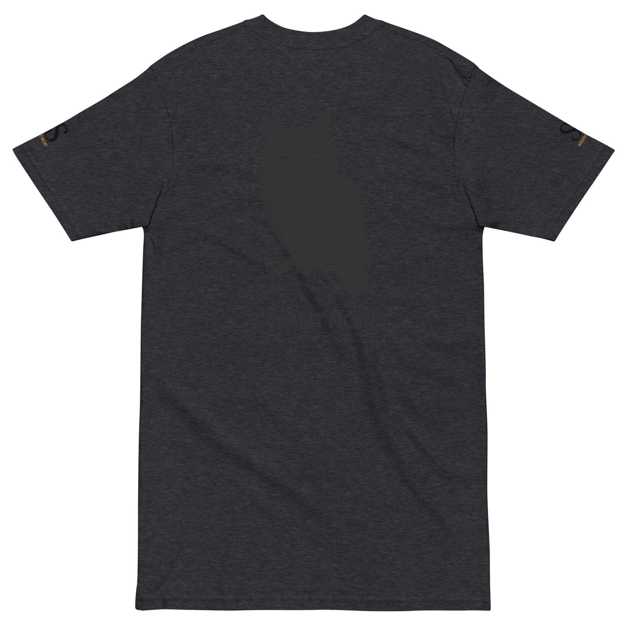 SAVANT NOIR luxury heavyweight tee in dark charcoal with subtle owl graphic on back