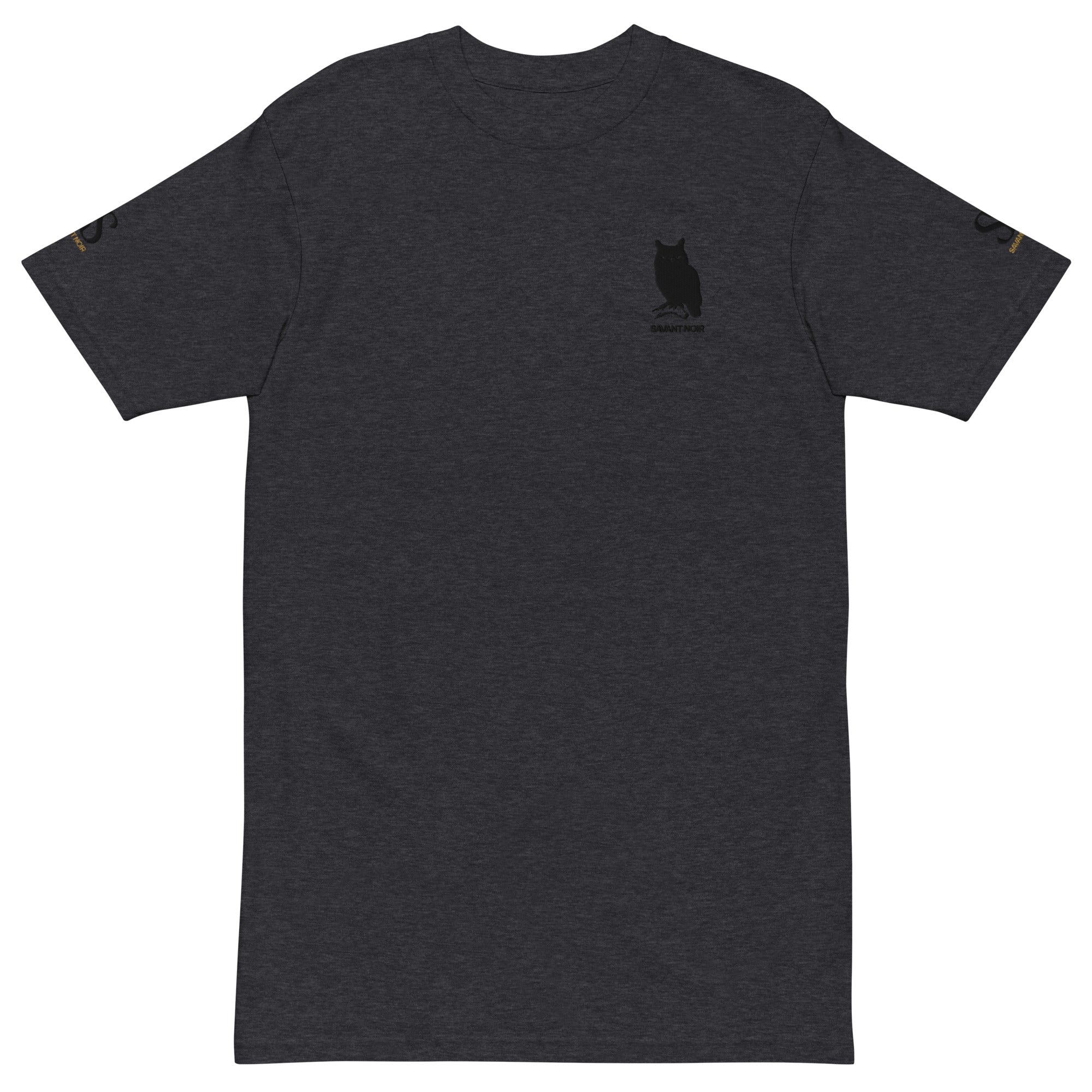 SAVANT NOIR charcoal t-shirt featuring owl logo and luxury heavyweight tee design