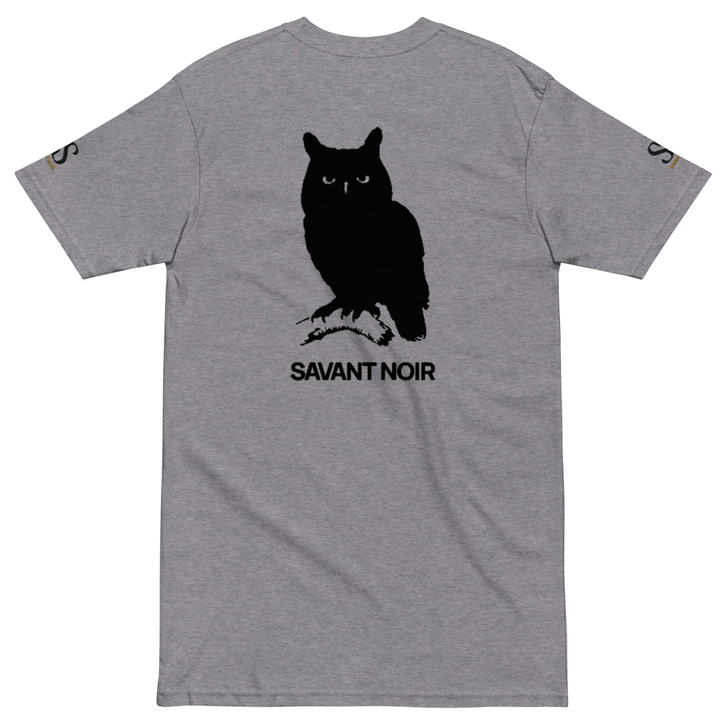 SAVANT NOIR luxury heavyweight tee in gray with black owl graphic and brand logo on the back