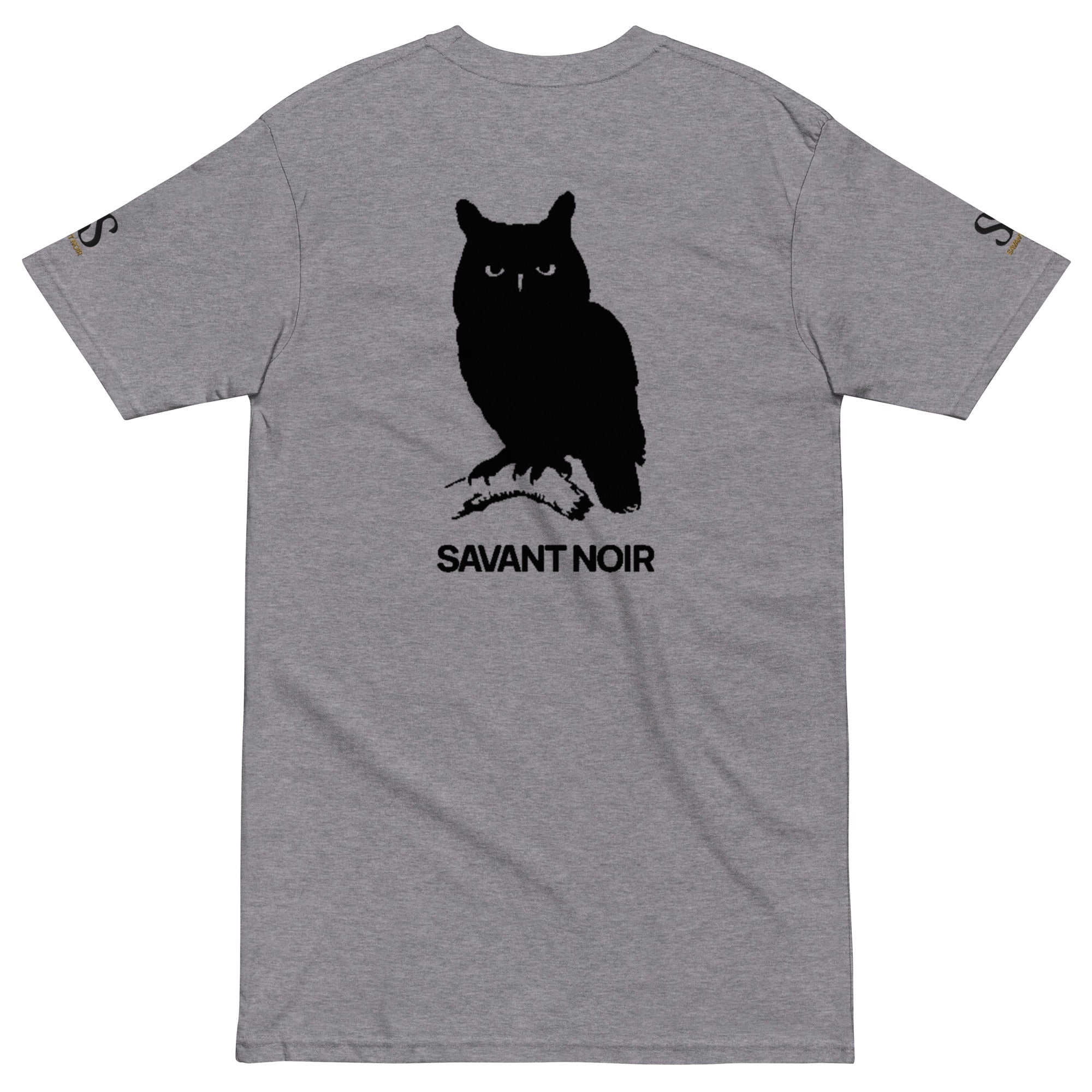 SAVANT NOIR luxury heavyweight tee in gray with black owl graphic and brand logo on the back